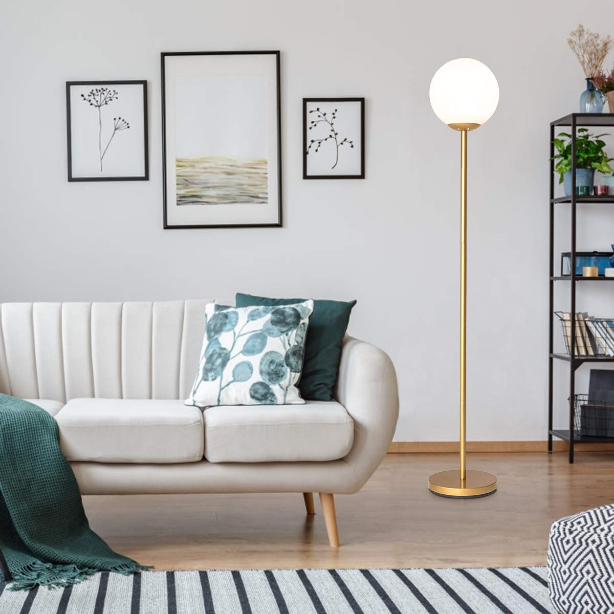 Tangkula Mid Century Modern Globe Floor Lamp - Gold Standing Light with Glass Shade for Living Room, Bedroom & Office - Tall Pole Light for Reading Nook, Lounge Area & Workspace (1-Globe)