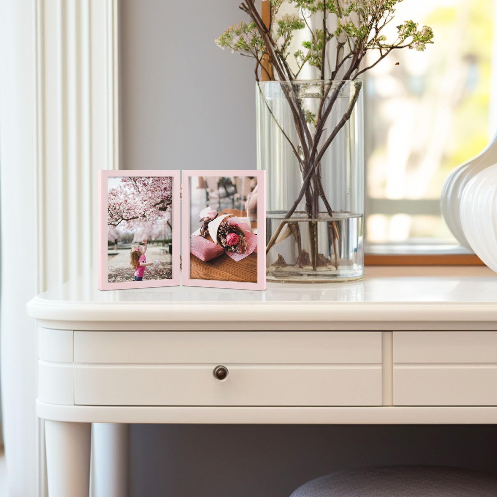 4x6 Double Hinged Photo Frames - Set of 2 Pink Folding Picture Frames for Tabletop or Desktop Display - Perfect for Family Photos, Wedding Pictures, and Home Decor
