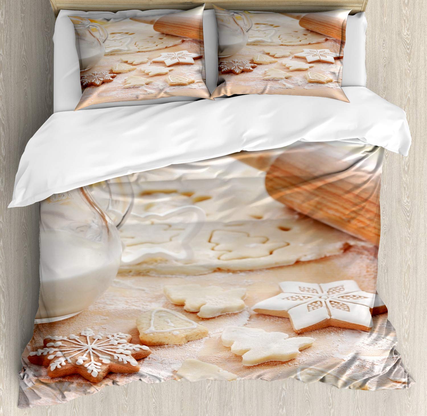 Ambesonne Christmas Cookie Duvet Cover Set - 3 Piece Baking Themed Bedding with Gingerbread & Milk Jar Design, Queen Size Multicolor - Perfect for Holiday Decor & Cozy Winter Bedrooms