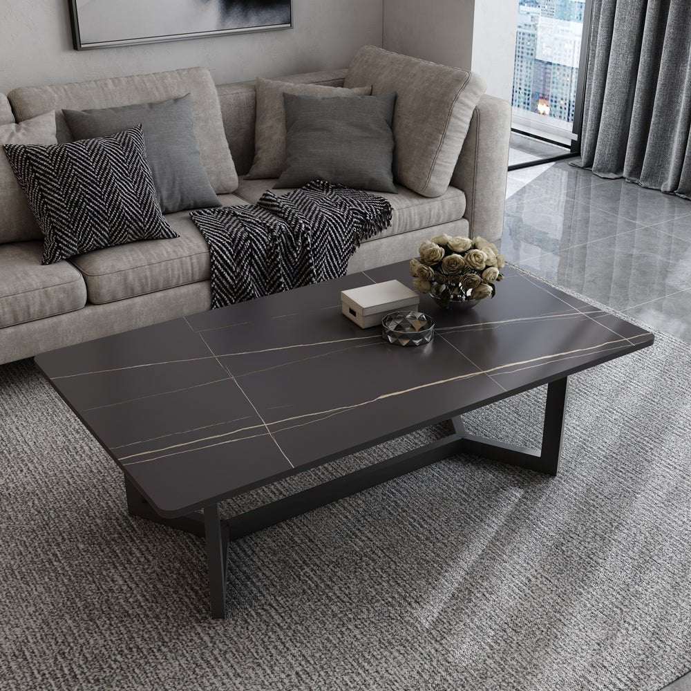 120x60cm Matte Black Minimalist Slate Coffee Table - Modern Marble Tea Table for Living Room, Rectangle Cocktail Side Table with Solid Metal Legs - Perfect for Small Spaces, Apartments & Lounge Decor