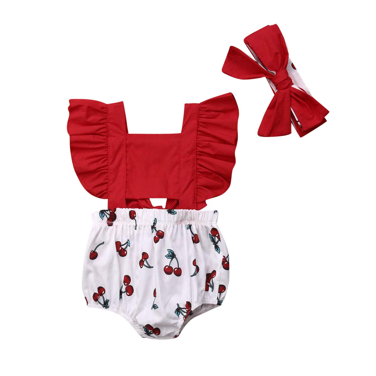 Suomate Newborn Baby Girl Outfit - Cherry Print Ruffle Sleeveless Romper Bodysuit with Headband Set | Cute Infant Summer Clothes for Photoshoot, Party & Daily Wear