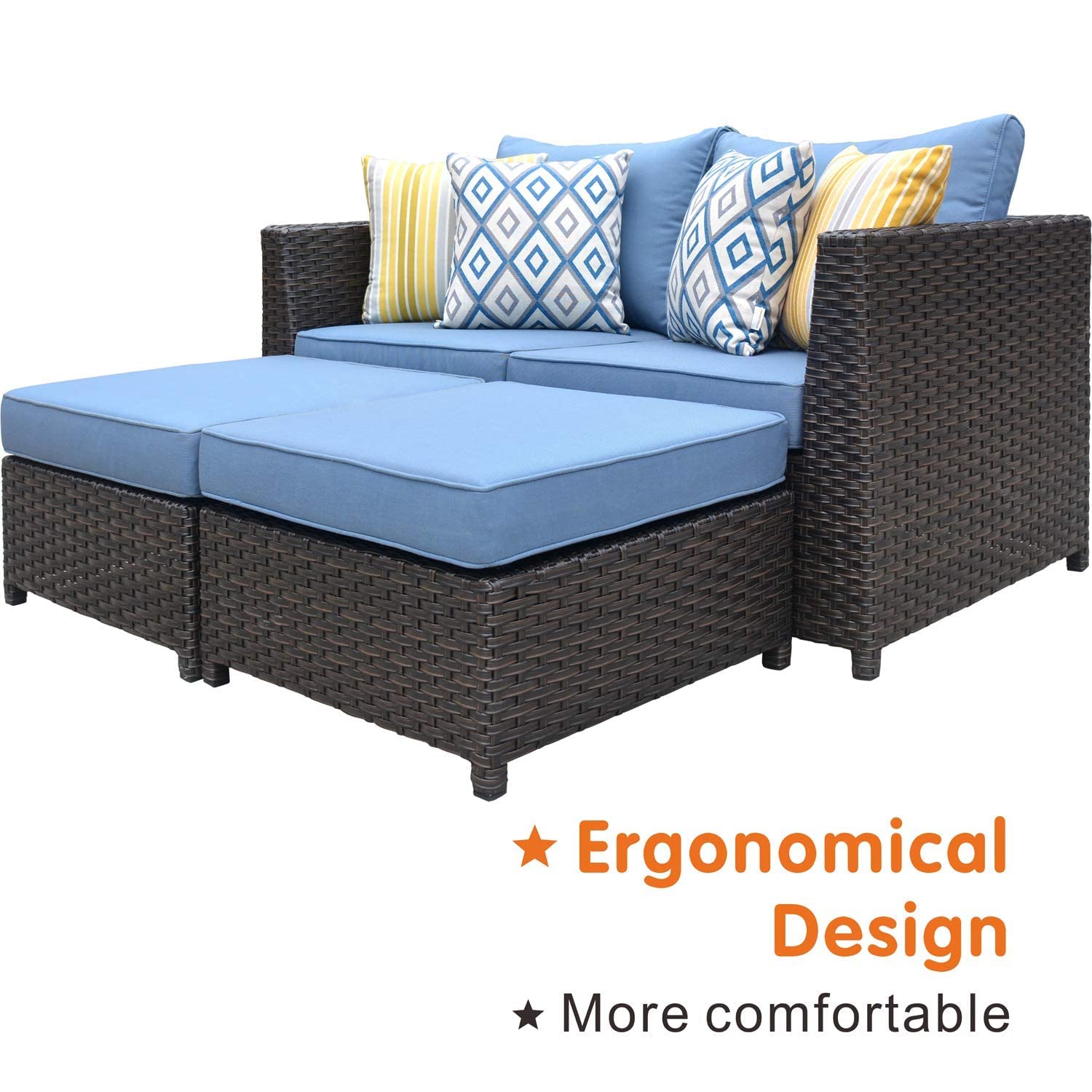 Ovios 12-Piece Patio Furniture Set - Outdoor Wicker Rattan Sofa Set with Blue Cushions, Fully Assembled Brown Rattan Furniture for Garden, Poolside & Backyard Relaxation