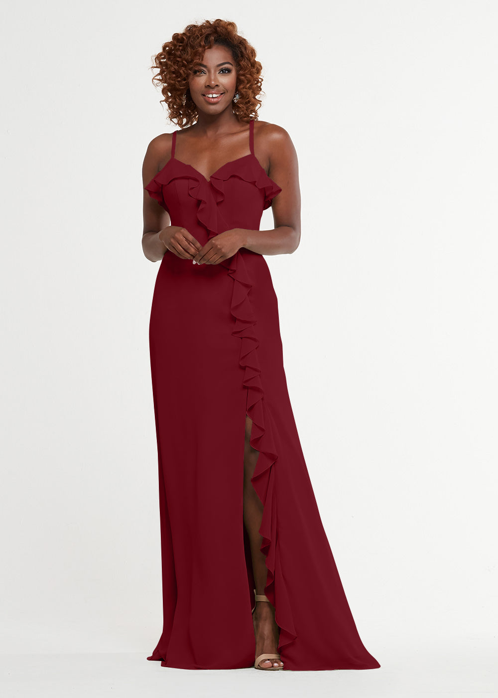 Elegant 80174 Chiffon A-Line Bridesmaid Dress with Ruffles & High Slit - Perfect for Weddings, Prom & Formal Events