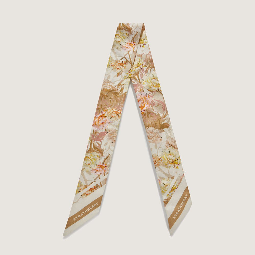 Floral Print Vanilla Pink Silk Skinny Scarf - Elegant Fashion Accessory for Women, Perfect for Office, Party & Everyday Wear