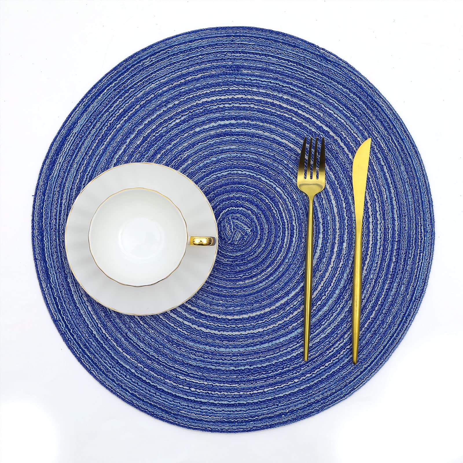SHACOS 15 Inch Round Braided Placemats Set of 4 - Washable & Durable Table Mats for Kitchen, Dining, Home Decor - Perfect for Wedding, Party, Holiday Dinner (Blue & White)