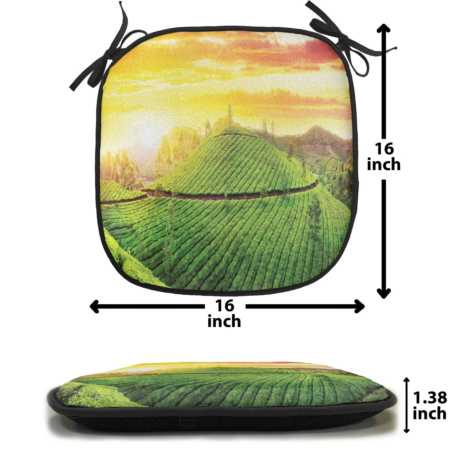 Lunarable Country Chair Cushion Pads Set of 12 - Sunset Fields Scenic Valley Nature Print, Anti-Slip Kitchen & Patio Seat Cushions, 16x16 Inches, Orange & Green - Perfect for Outdoor Dining, Garden Chairs, and Cozy Home Decor