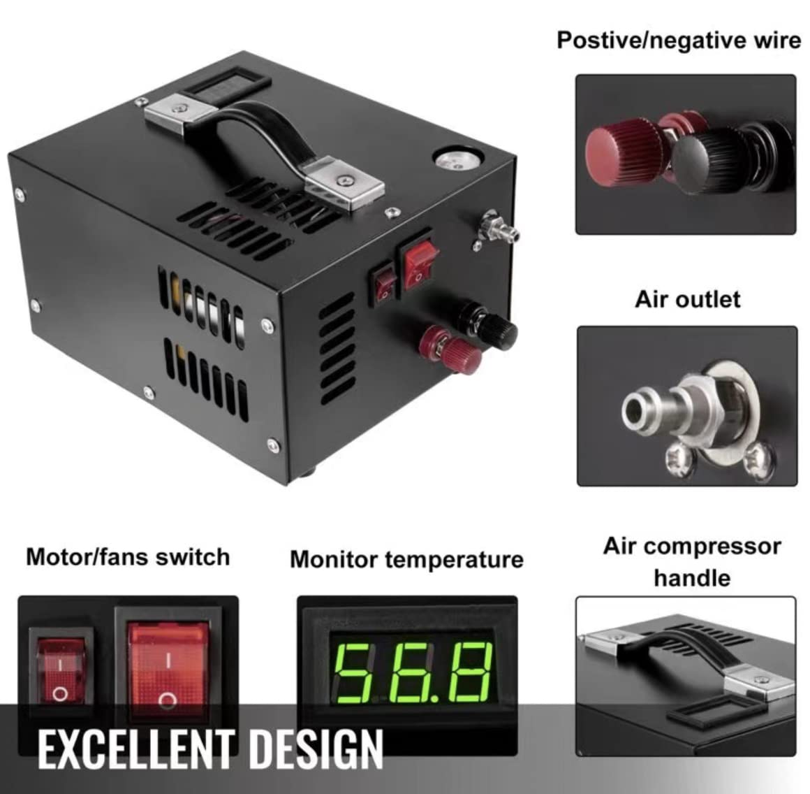 High Pressure PCP Air Compressor 4500psi/30MPa for Air Rifles & Airguns - Oil Free, Water Free, Manual Stop - 110V AC/12V DC Power - Perfect for Hunting, Target Shooting & Outdoor Sports