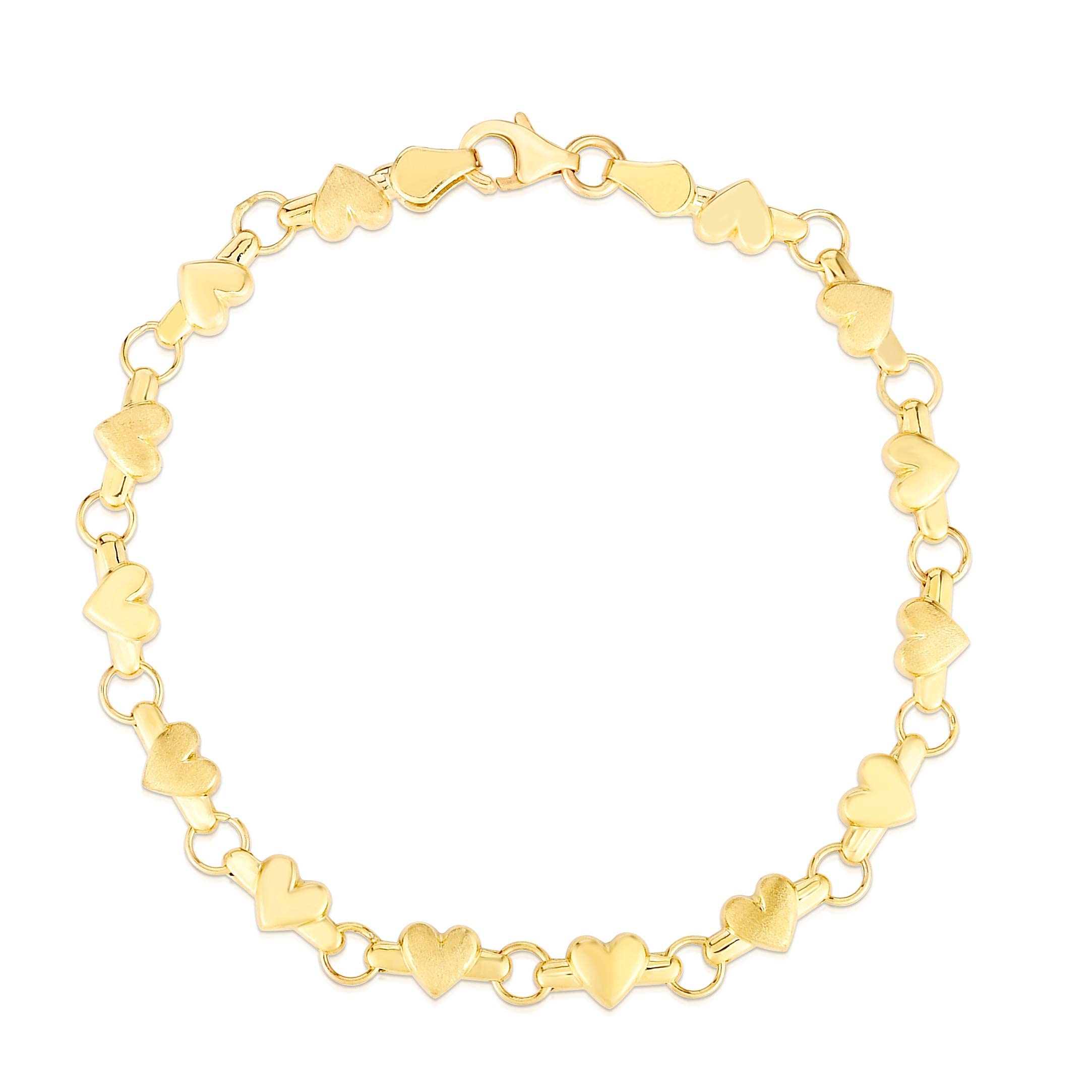 10K Yellow Gold or Tri-Color Gold Link & Heart Charm Bracelet/Anklet for Women - Elegant Layering Jewelry for Date Night, Wedding & Everyday Wear