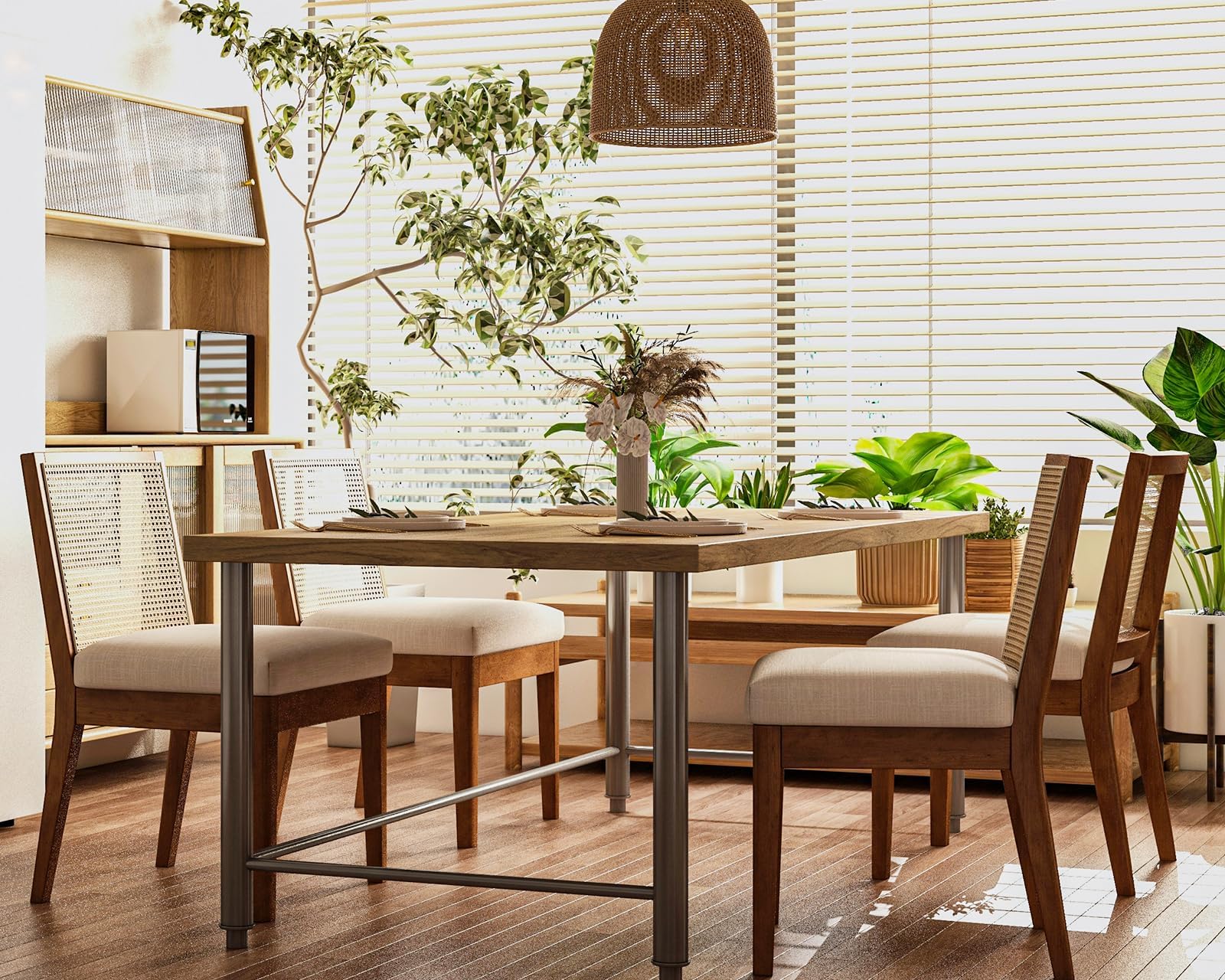 Vintage Rattan Dining Chairs Set of 2 - Mid Century Modern Kitchen & Dining Room Chairs with Cane Upholstery and Solid Hardwood Frame in Beige - Perfect for Farmhouse, Boho, or Coastal Style Dining Areas