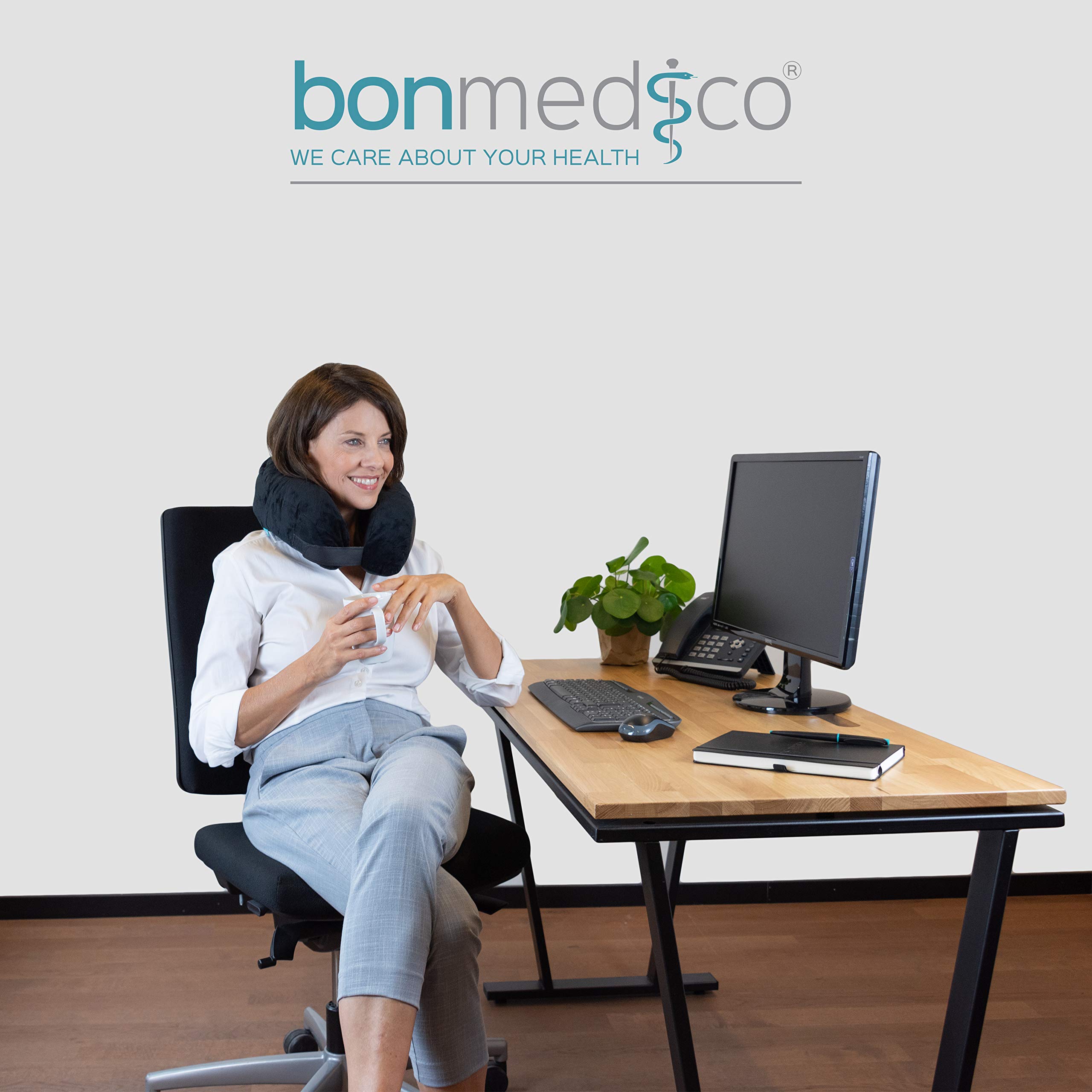 Bonmedico Ergonomic Neck Pillow - Memory Foam Travel Pillow for Airplane, Car & Office - Cervical Support Cushion for Neck Pain Relief - Perfect for Long Flights, Road Trips & Work Breaks