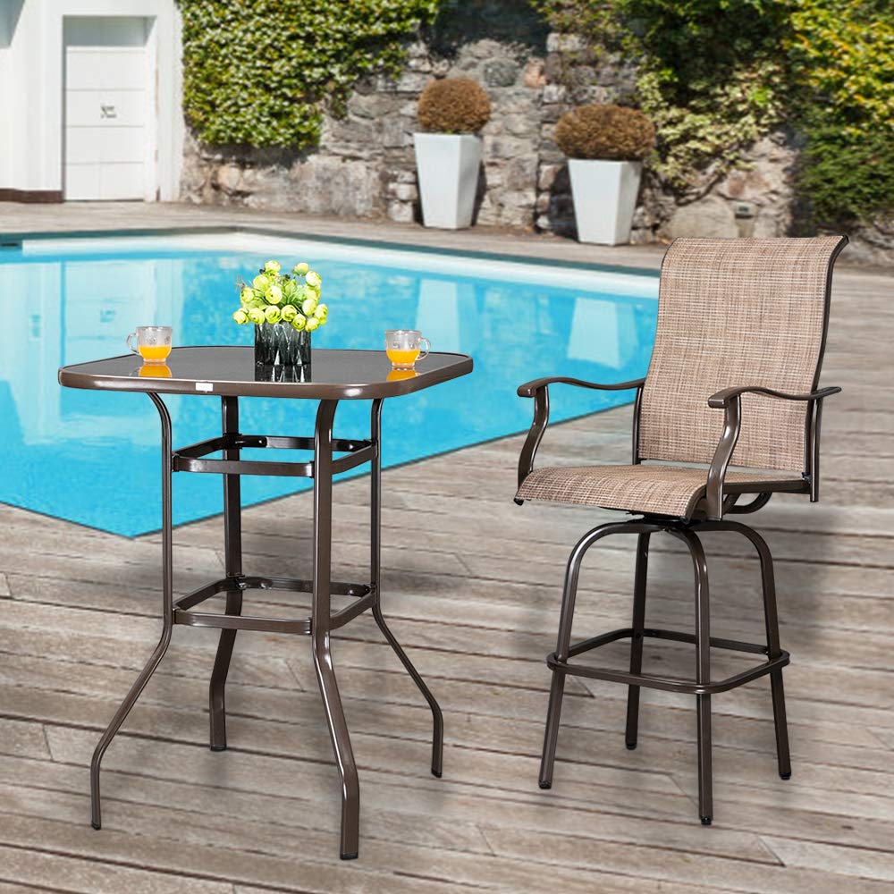 **Outdoor Bar Table - 36 Inch Square High Top Bistro Table with Metal Frame & Tempered Glass Top - Patio Pub Table for Deck, Poolside, Garden, Porch - Perfect for Outdoor Dining & Entertaining (Brown)**