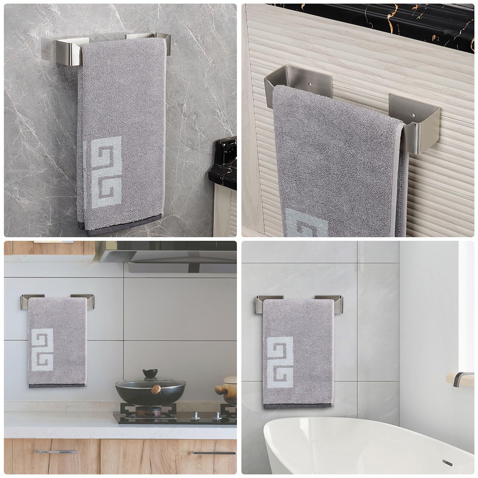 NearMoon Self Adhesive Stainless Steel Hand Towel Holder - 9 Inch Brushed Nickel Wall Mounted Towel Ring for Bathroom & Kitchen - Rustproof Stick-on Towel Rack with Square Design - Perfect for Small Spaces & Apartment Living