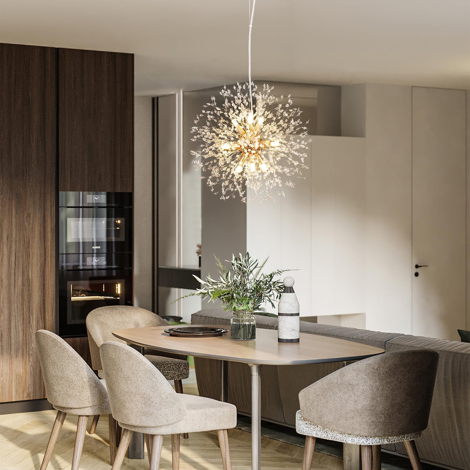 Modern Crystal LED Chandelier - 9-Light Gold Firework Dandelion Ceiling Light Fixture for Bedroom, Living Room, Dining Room | Elegant Lighting for Home Decor, Restaurants & Bars | Energy-Efficient Dimmable Hanging Light for Romantic Ambiance & Special Occasions