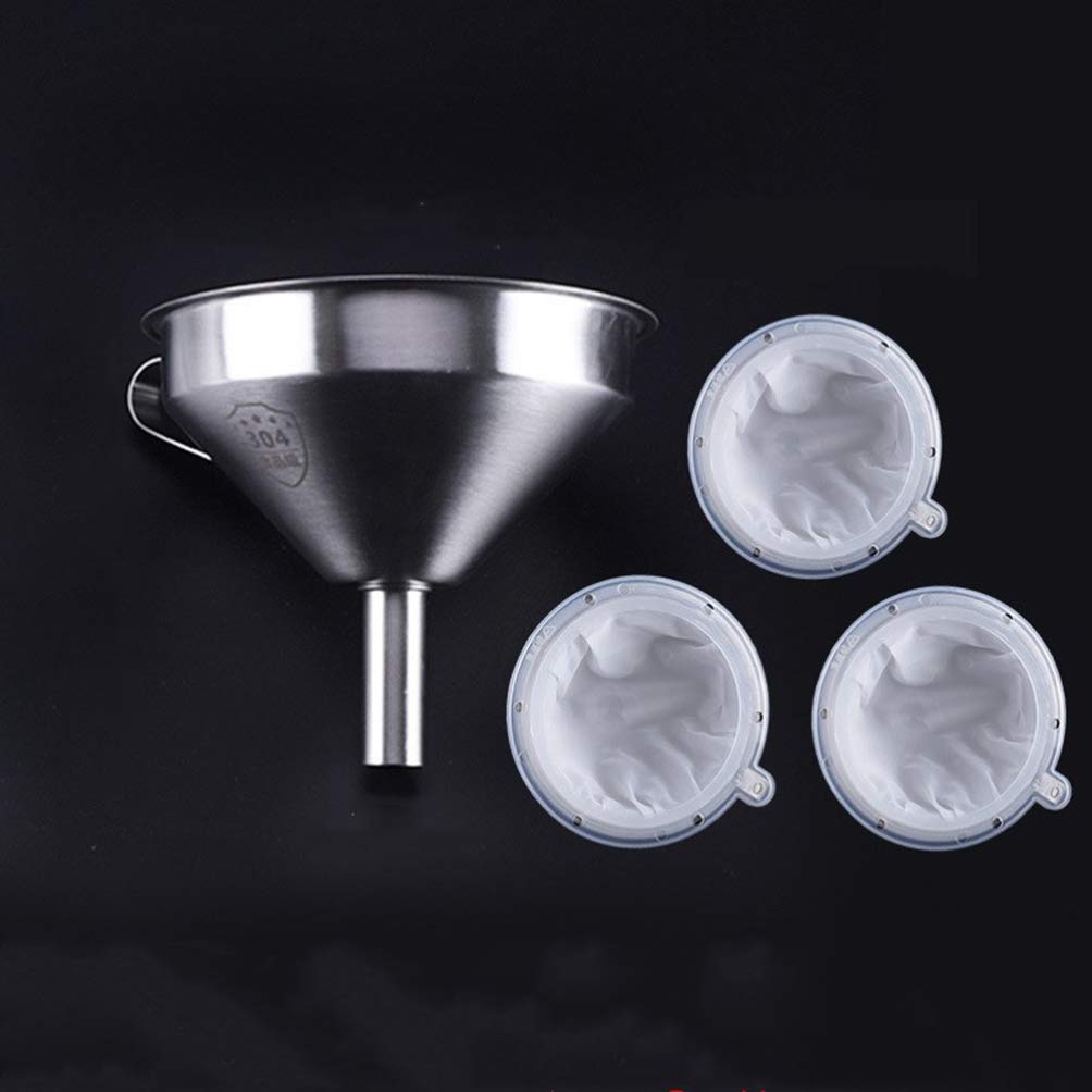 Premium Wine Filtering Kit - Fine Mesh Filter Bags, Cooking Strainer & Metal Funnel Set for Home Brewing, Coffee, Juice Making | Cabilock Kitchen Skimmer with Durable Food Grade Screen (Large White) - Perfect for Winemaking, Cocktail Mixing & Food Preparation