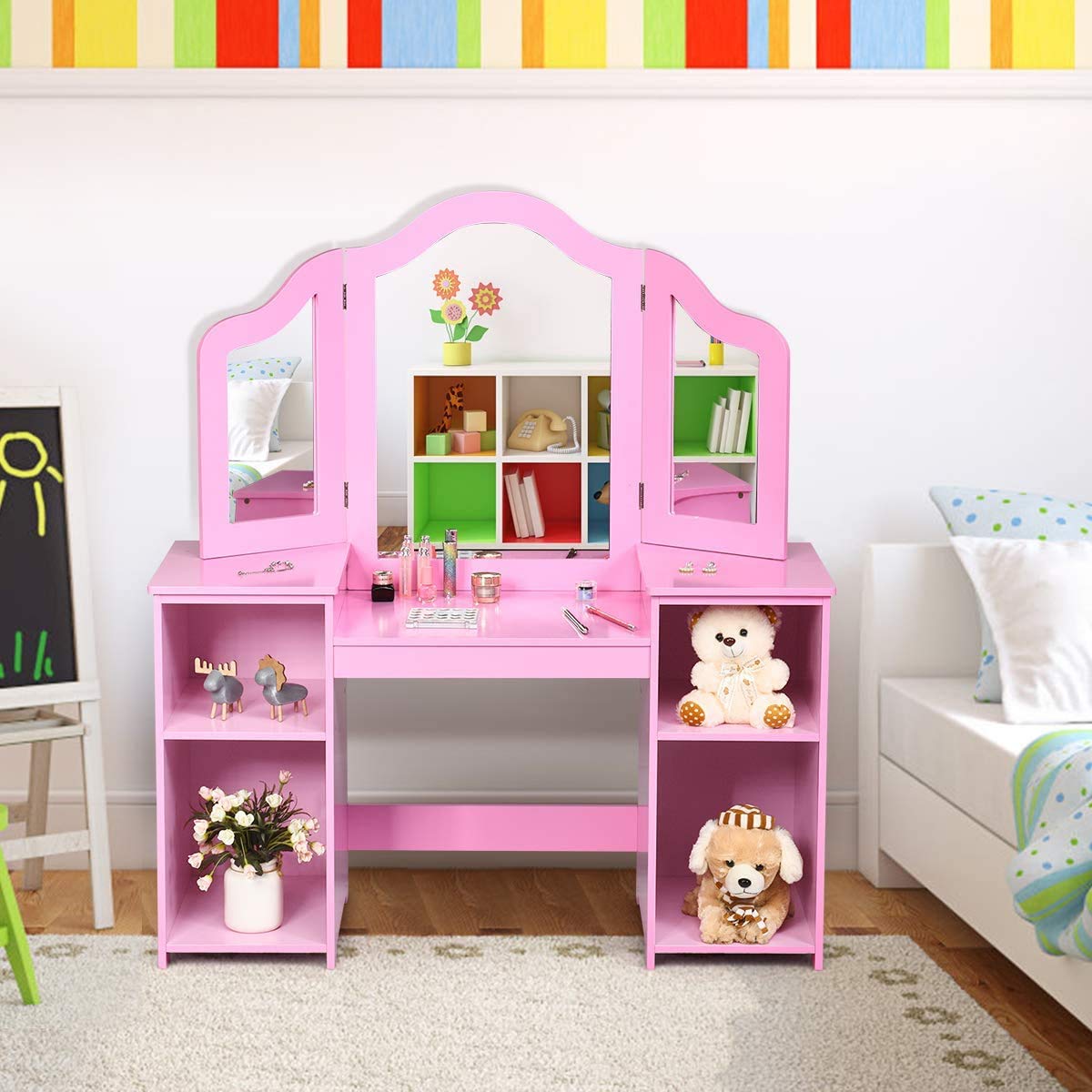 White Kids Vanity with 4 Storage Shelves & 2 Folding Mirrors - 2-in-1 Makeup Dressing Table for Girls (Pink) | Perfect for Bedroom, Playroom & Birthday Gifts