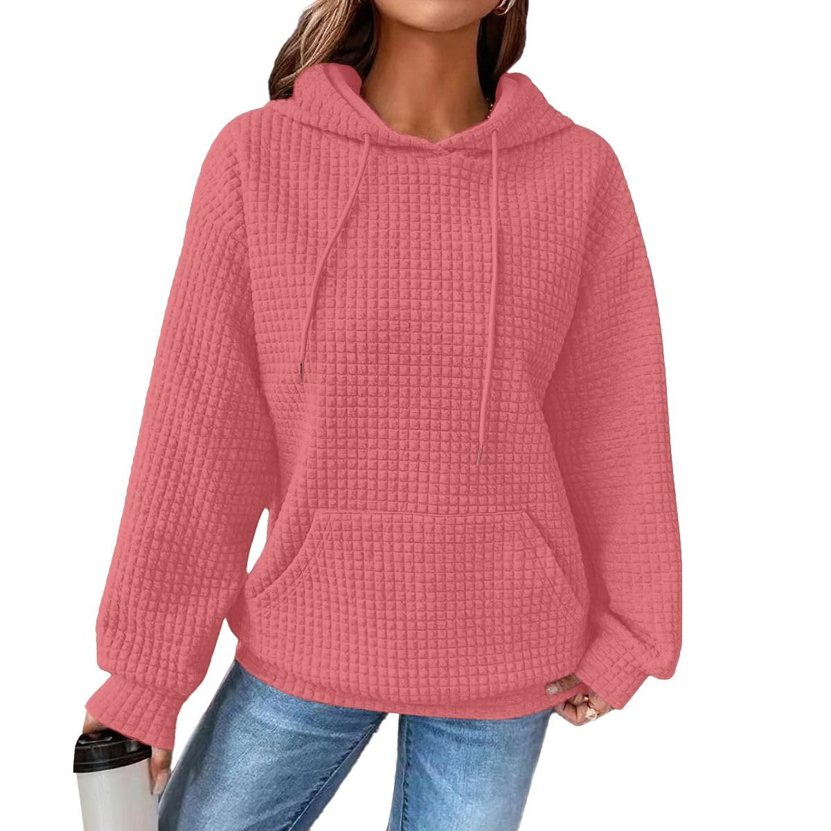 Women's Casual Drawstring Waffle Hoodie - Long Sleeve Loose Fit Hooded Sweatshirt with Pocket | Cozy Fall Pullover for Lounge, Travel & Outdoor Activities