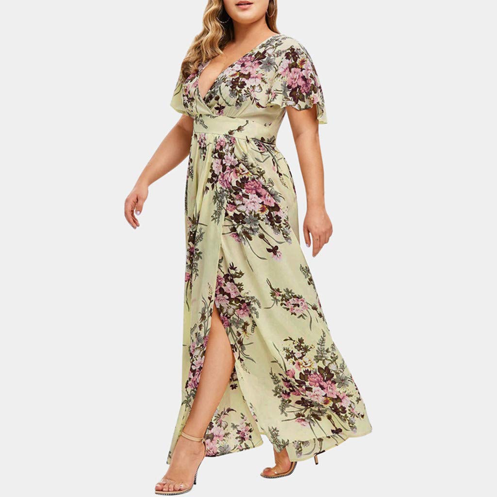 Anjikang Women's Summer Boho Dress - Casual Short Sleeve Floral Maxi Dress with V-Neck & Side Slit | Perfect for Beach Vacation, Guest Party & Romantic Date