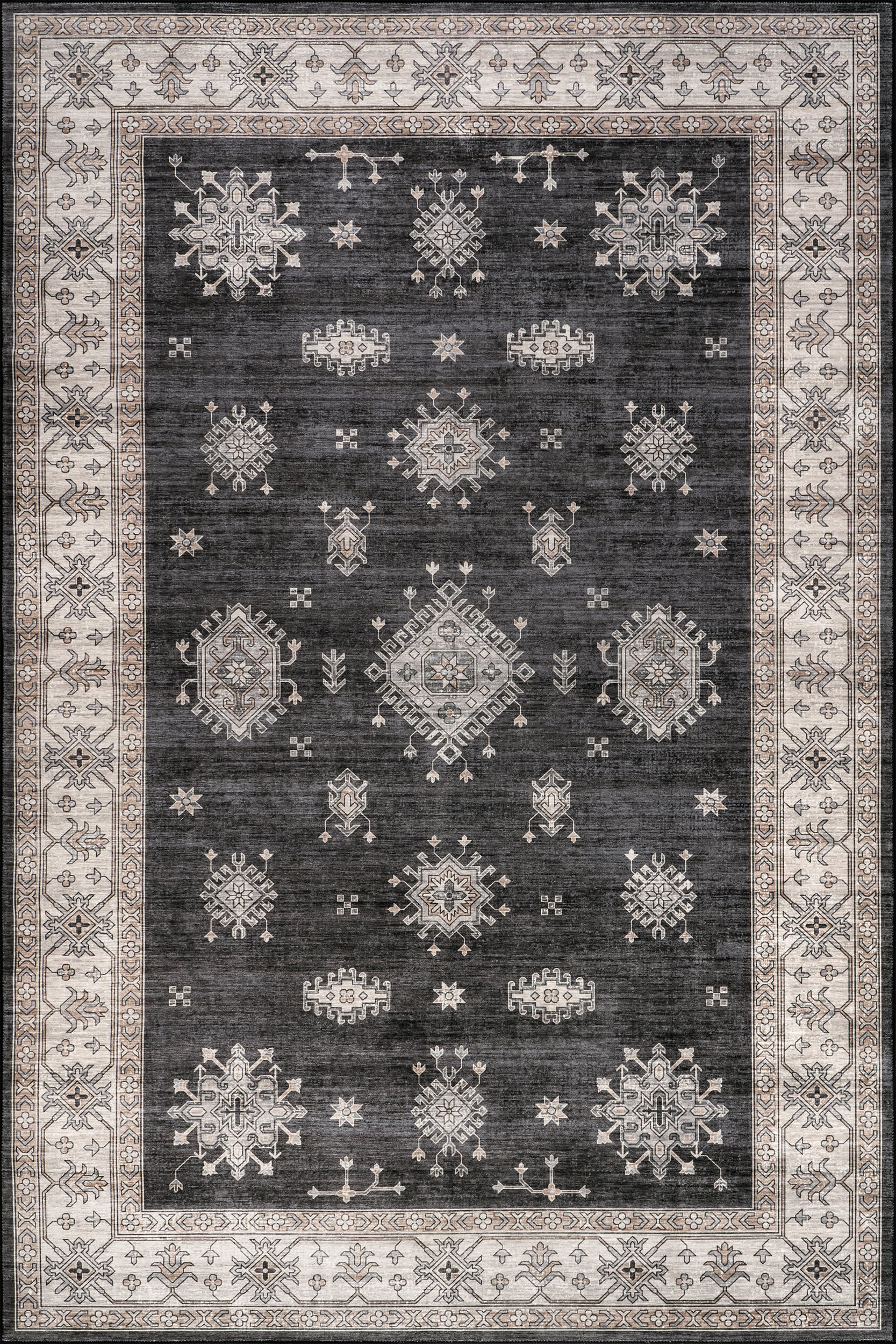 Andrea Bordered Spill Proof Washable Rug - Charcoal Grey | Non-Slip Kitchen & Living Room Rug for High Traffic Areas | Easy to Clean & Durable Home Decor