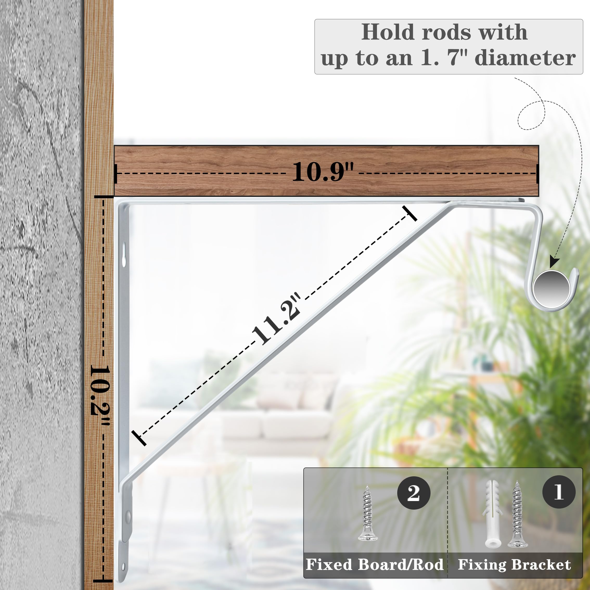 Heavy Duty Closet Rod Bracket Set - 2 Pack White Wall Mounted Shelf Bracket with Clothes Hanger Pole Support (10.9x10.2 Inch) for Wardrobe Organization & Closet Storage Solutions