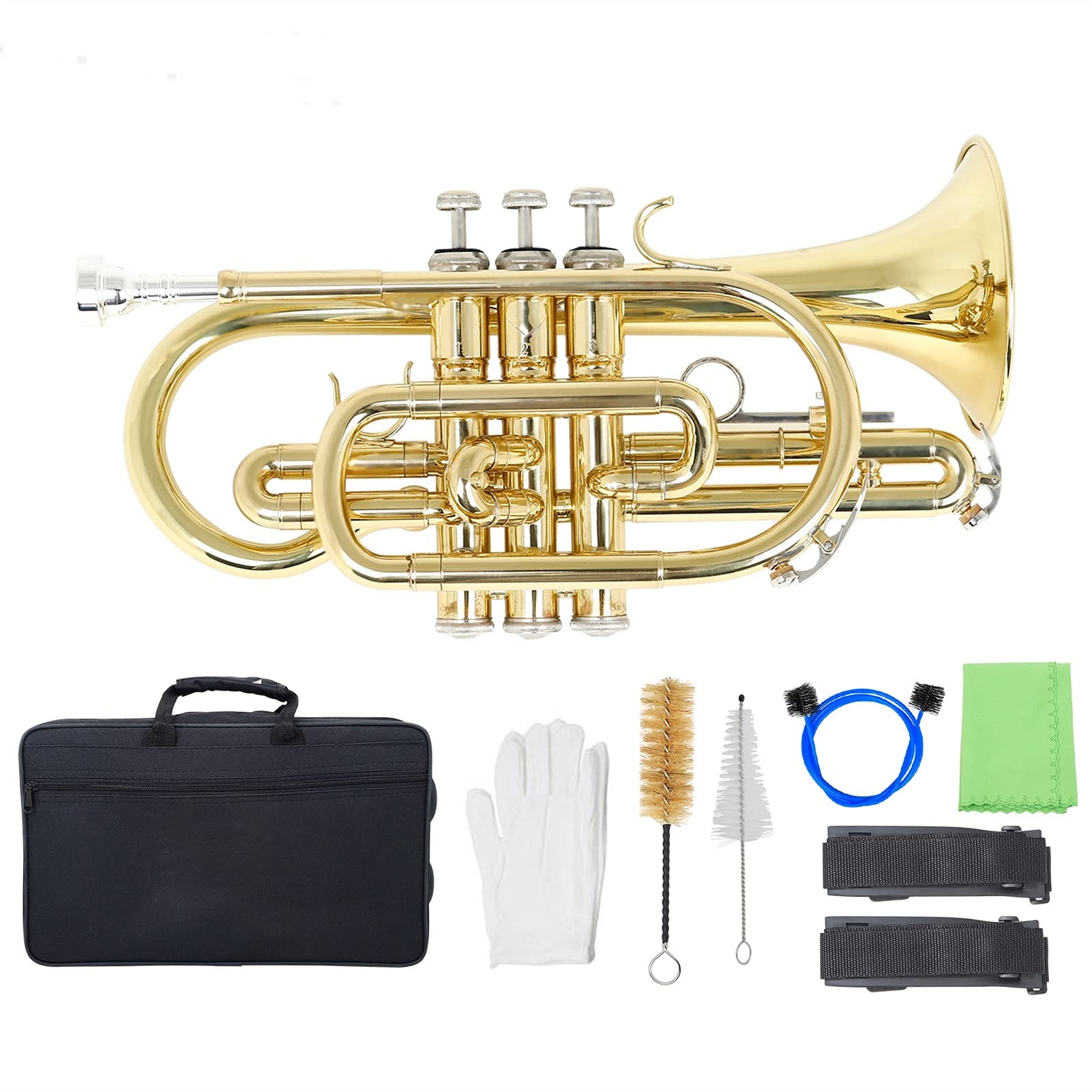 Professional Bb Flat Cornet Brass Wind Instrument with Carrying Case, Gloves, Cleaning Cloth & Brushes - Complete Trumpet Set for Beginners, Students & Band Performances