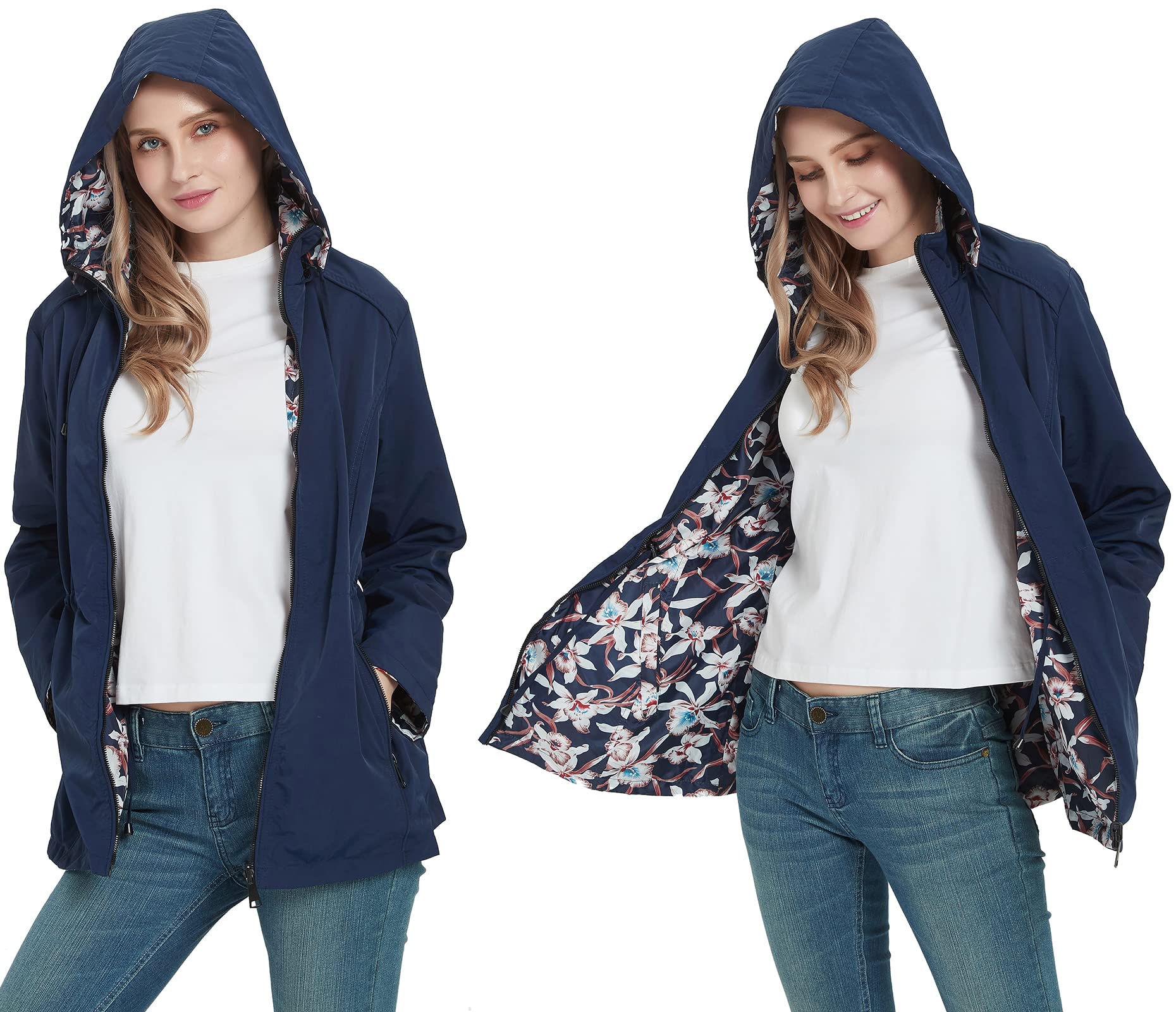 RISISSIDA Women's Reversible Floral Print Jacket - Lightweight Waterproof Hooded Coat for Spring & Fall | Casual Fashion Outerwear for Daily Wear, Travel & Outdoor Activities