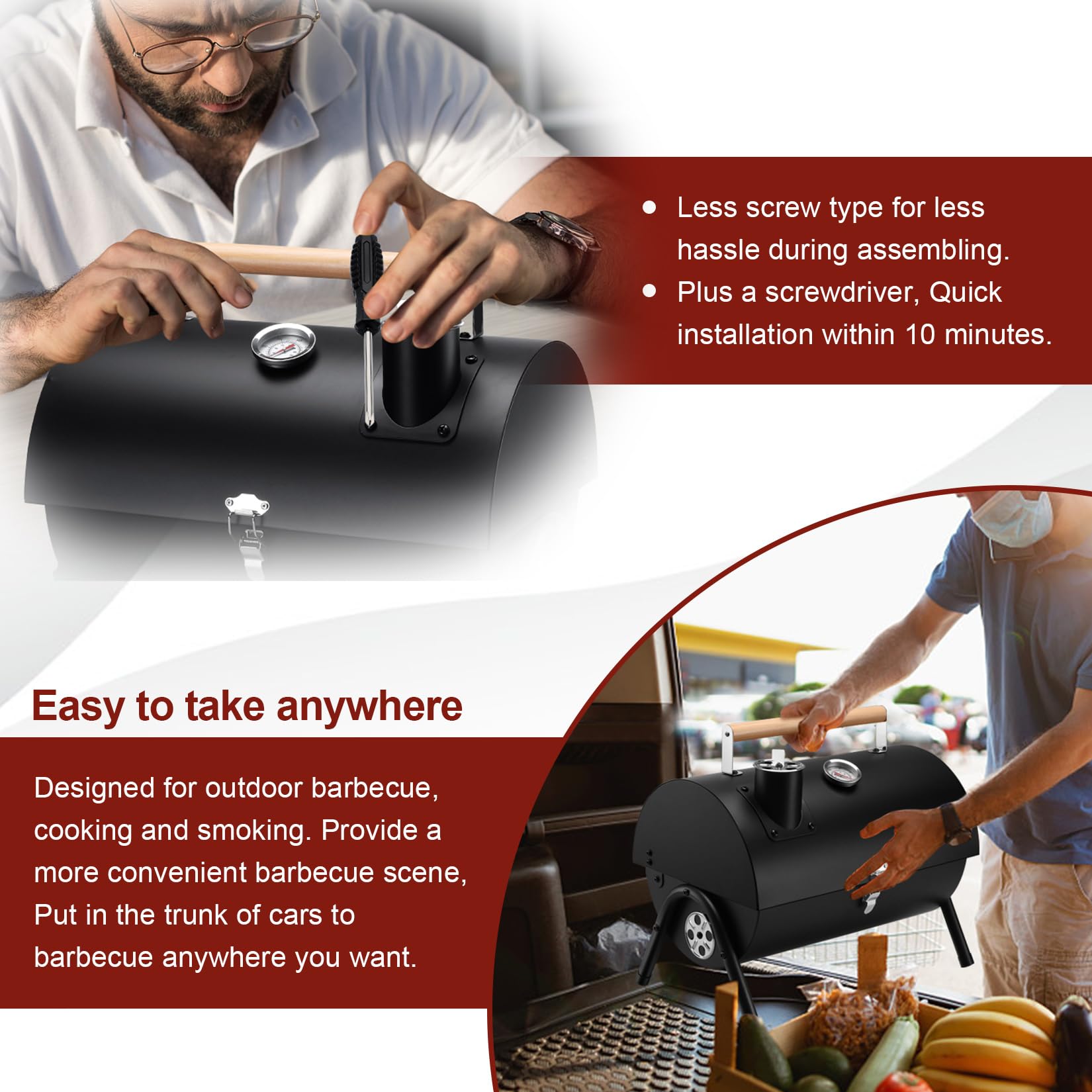 Joyfair Portable Charcoal Grill with Built-in Thermometer - Heavy Duty Stainless Steel Tabletop BBQ Grill for Outdoor Camping, Backyard Parties, Picnics & Tailgating - Easy Assembly & Innovative Design - Perfect for Grilling Burgers, Steaks, Vegetables & Seafood
