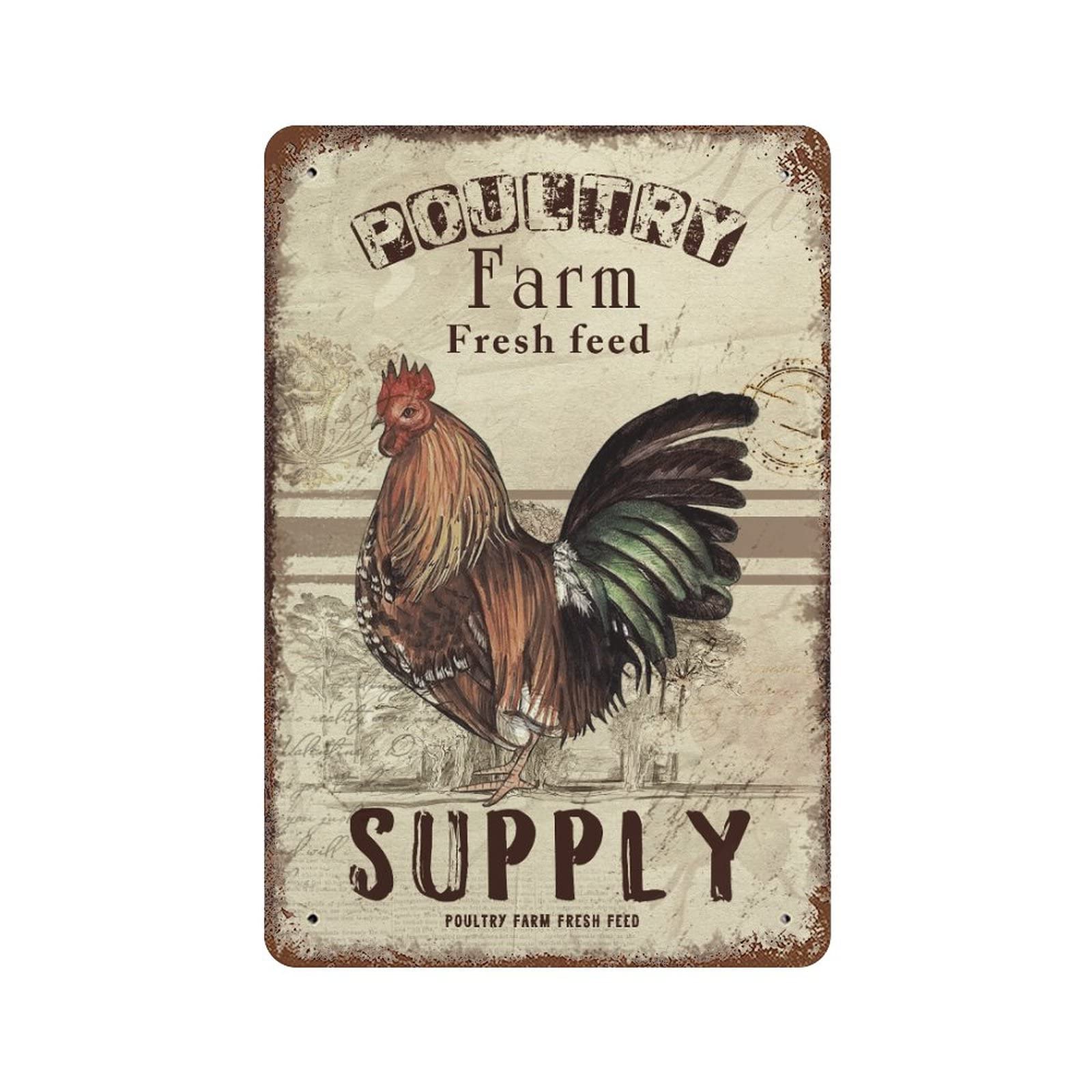 Vintage Poultry Farm Fresh Feed Tin Sign - 8x12 Inch Retro Chicken Coop & Rooster Metal Wall Decor for Tiki Bar, Man Cave, Porch, Speakeasy | Funny Custom Farmhouse Accessories | Perfect for Rustic Kitchen, Country Home & Outdoor Shed Decor