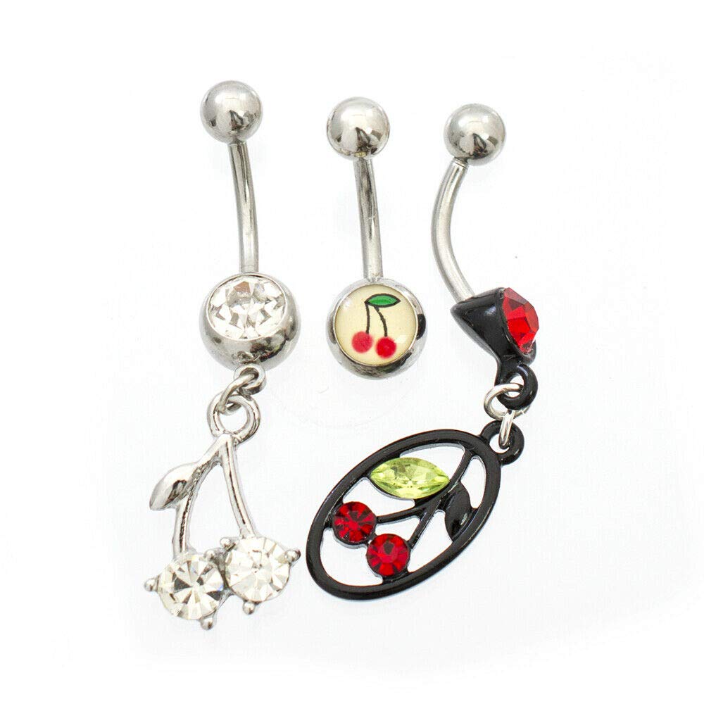 3-Pack Cherry & Cubic Zirconia Navel Rings - 14G Belly Button Rings for Women - Perfect for Parties, Beach Wear & Body Jewelry Collection