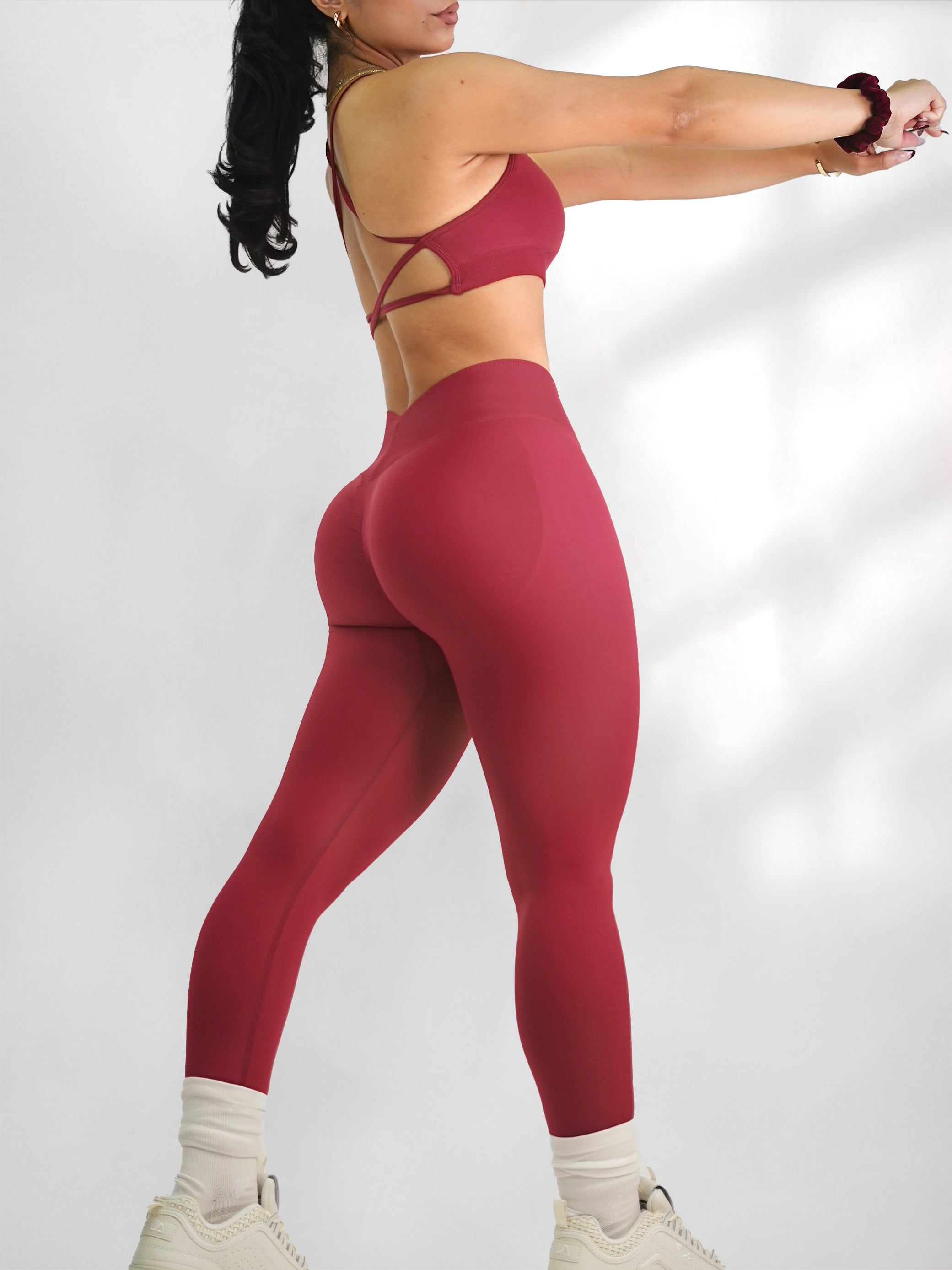 Seamless V Back Leggings for Women - High Waisted Yoga Pants (Cherry Cola) - Perfect for Workouts, Running, Gym & Lounge Wear