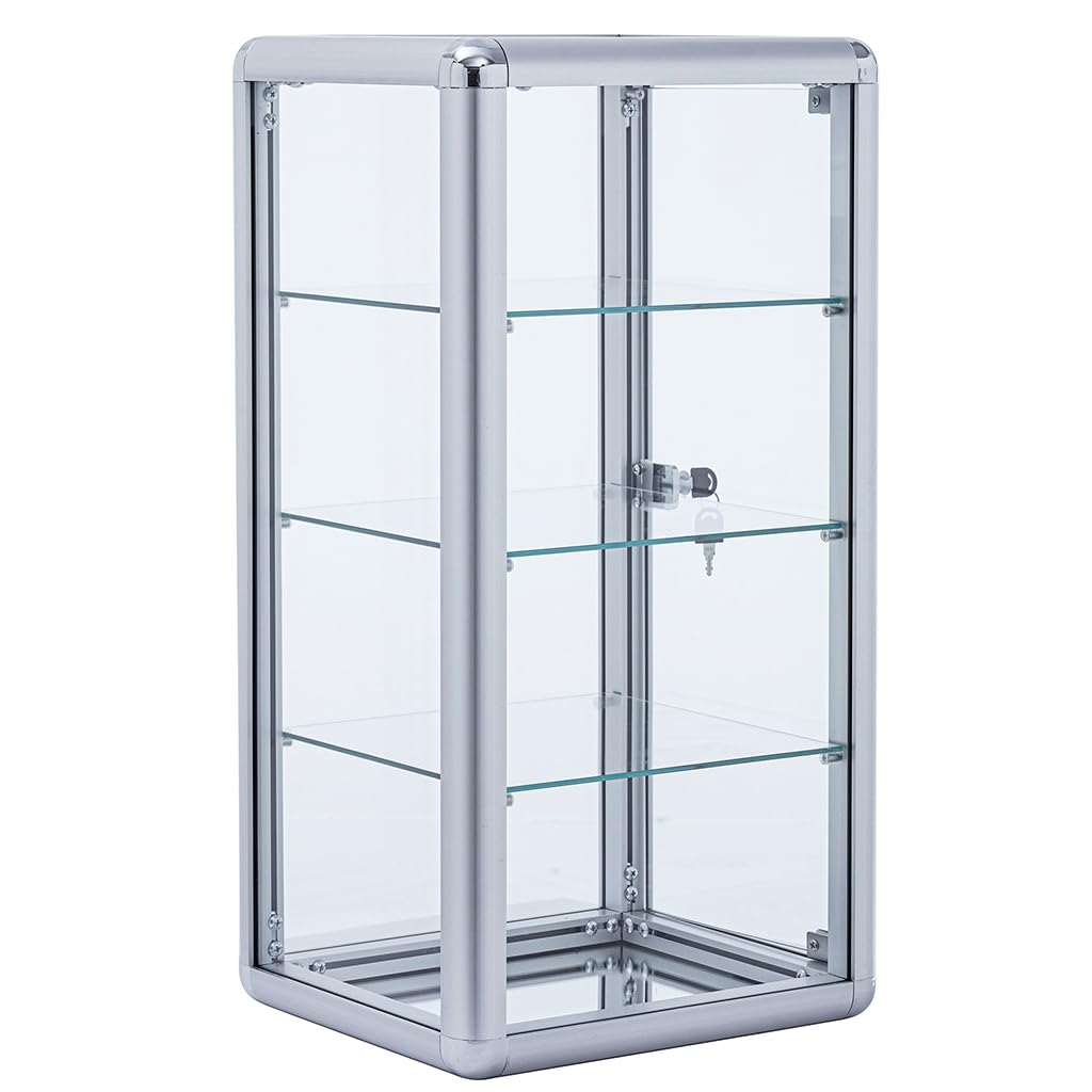 4-Shelf Glass Display Cabinet - Elegant Aluminum Table Top Tempered Glass Showcase with Sliding Door & Lock | Perfect for Bedroom, Living Room Decor | Display Jewelry, Collectibles & Home Decor Items
