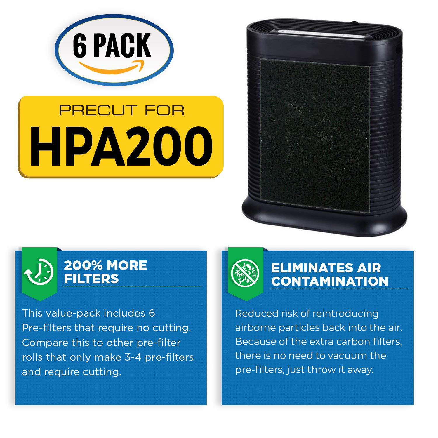 VEVA Air Purifier Filter Replacements - 6 Pack Precut Activated Carbon Pre-Filters for Honeywell HPA200 Series | Compatible with HPA200, HPA200B, HPA200W | Improves Air Quality in Bedrooms, Offices & Living Rooms