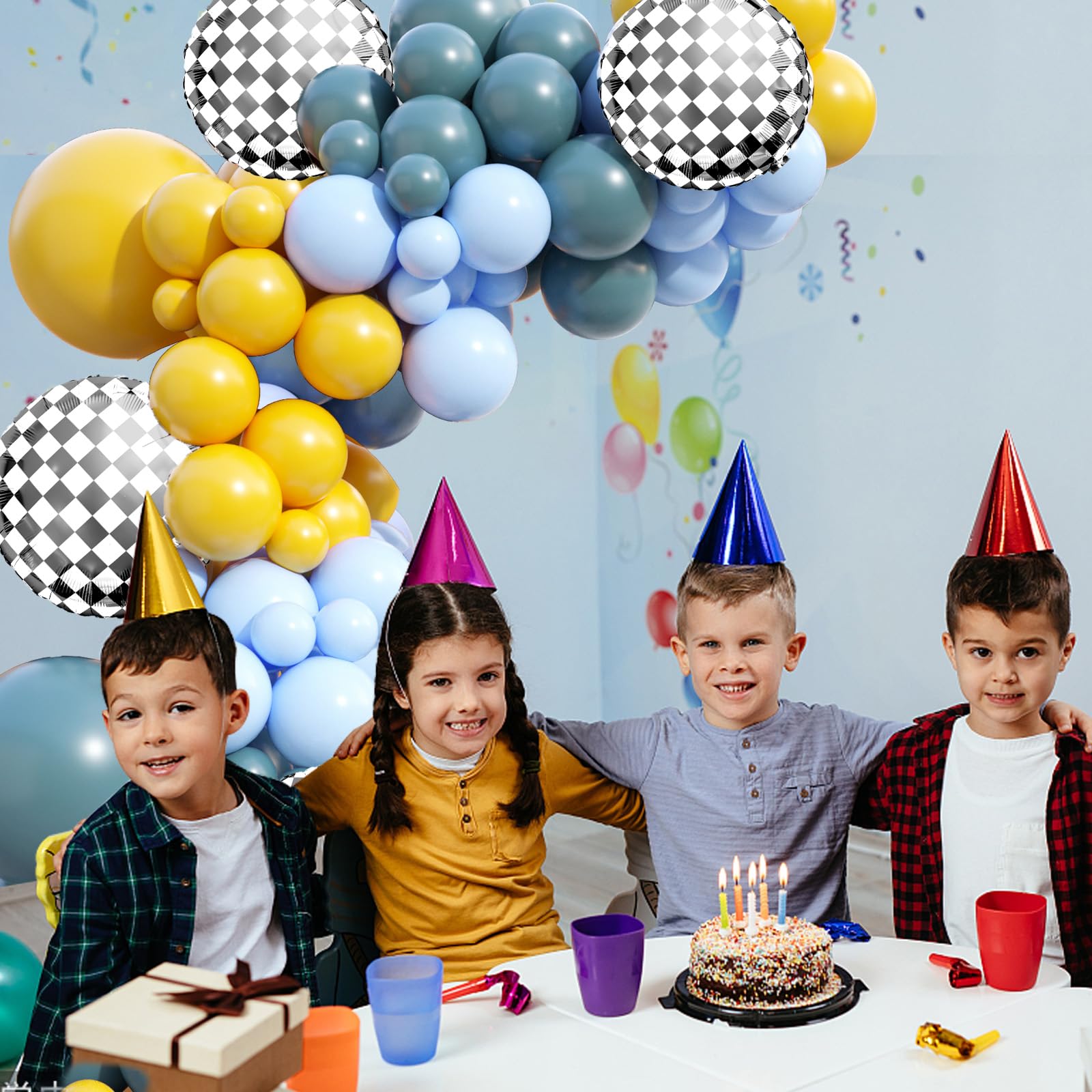 Race Car Balloons Garland Arch Kit - Retro Yellow & Blue Checkered Balloons for Kids Racing Theme Party, Baby Shower, Birthday Decorations | Perfect for Boys' Race Car Birthday Parties, Baby Showers & Themed Events