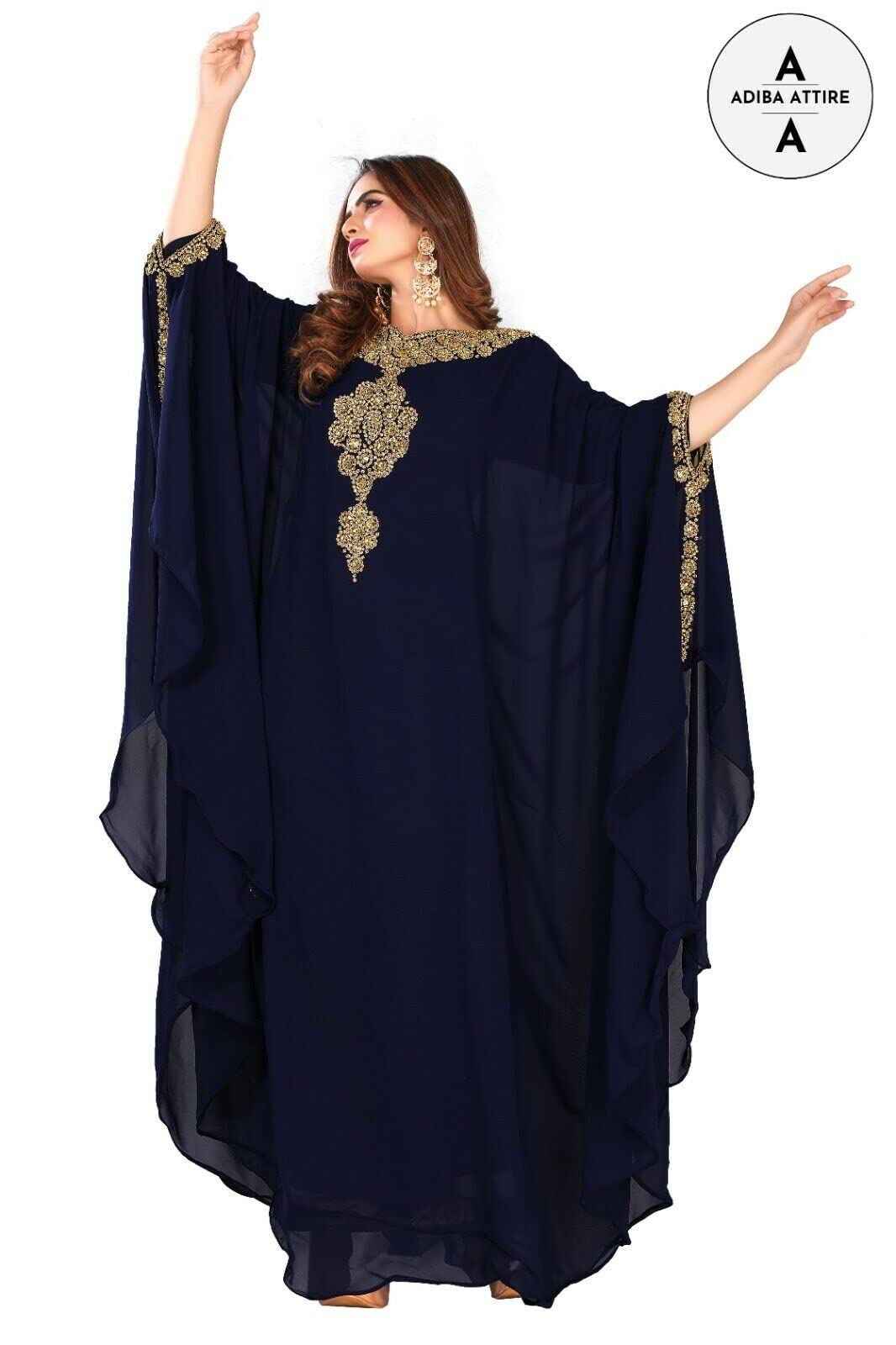 Elegant Moroccan Dubai Abaya Farasha Kaftan for Women - Embroidered Long Gown Dress in Navy Blue | Perfect for Eid, Wedding & Special Occasions