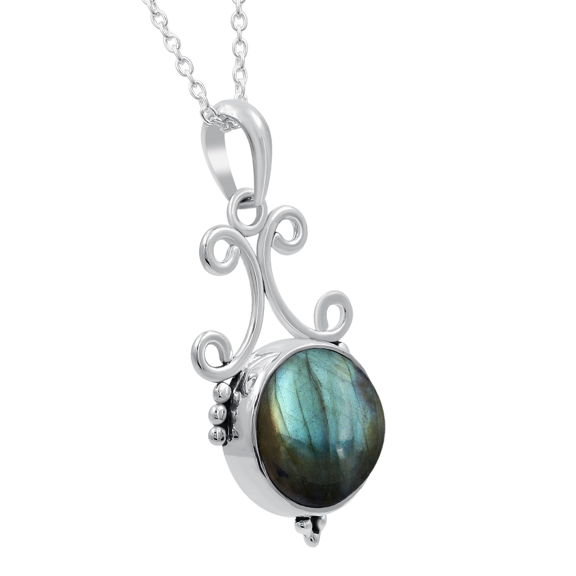 TISHAVI Natural Round Semi-Precious Gemstone Pendant Necklace for Women - 18 Inch Sterling Silver Chain, Birthstone Jewelry | Perfect Gift for Mom, Wife, Sister | Ideal for Birthdays, Anniversaries & Women's Day Celebrations