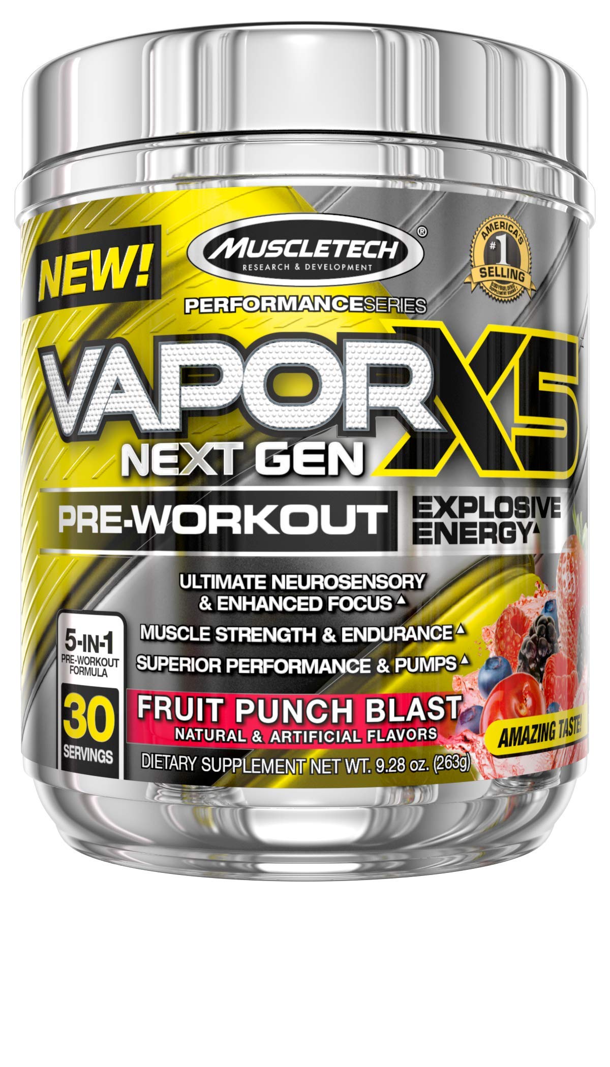 MuscleTech Vapor X5 Pre Workout Powder Supplement - Energy Boosting Drink Mix for Men & Women | Fruit Punch Flavor (30 Servings) | Gym Performance Enhancer for Weightlifting & Cardio Workouts