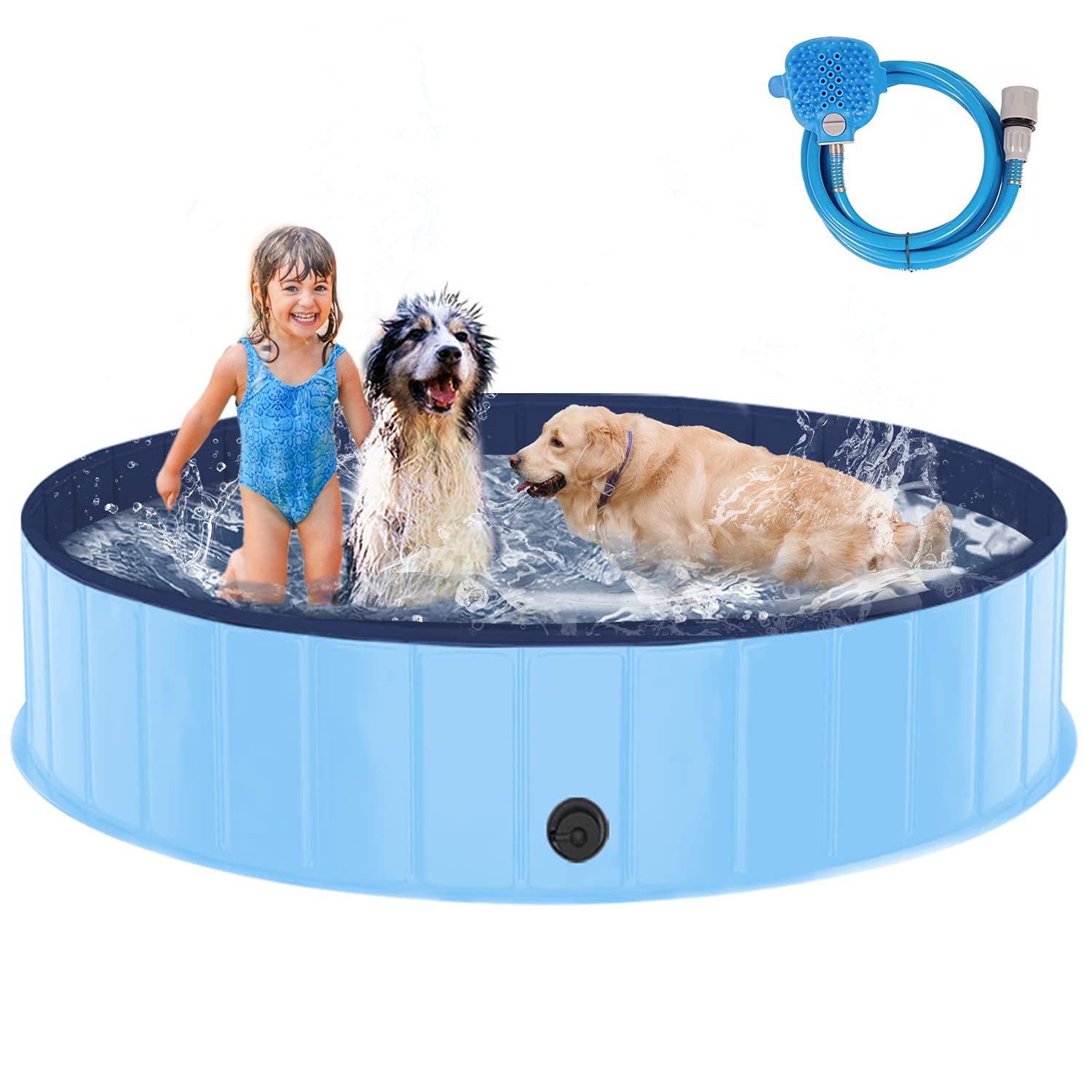 Foldable Dog Pool with Shower Sprayer - 32’’/48’’/63’’ Collapsible Pet Swimming & Bathing Tub for Dogs, Cats & Kids | Portable Outdoor Kiddie Pool with Protective Lining | Perfect for Backyard, Beach & Outdoor Playtime