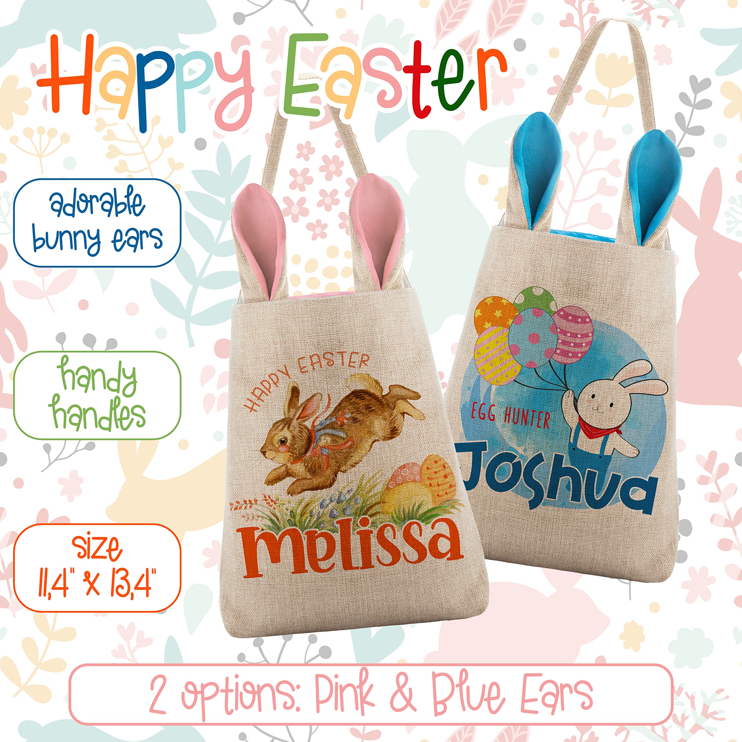 Personalized Easter Basket Set of 2 for Girls & Boys - Custom Name, Blue/Pink Bunny Ears, 8 Design Options - Easter Egg Tote Bags with Handle - Kids Easter Gift & Candy Basket for Egg Hunts, Party Favors & Holiday Celebrations