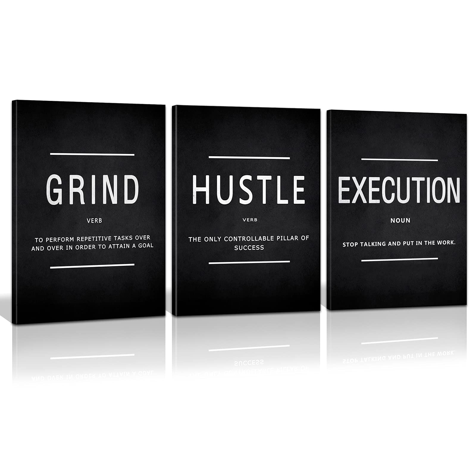 Grind Hustle Execution Motivational Office Painting - 3 Panel Canvas Wall Art for Workplace & Home Decor - Inspirational Entrepreneur Quotes - Framed Wall Artwork for Office, Study Room & Living Room