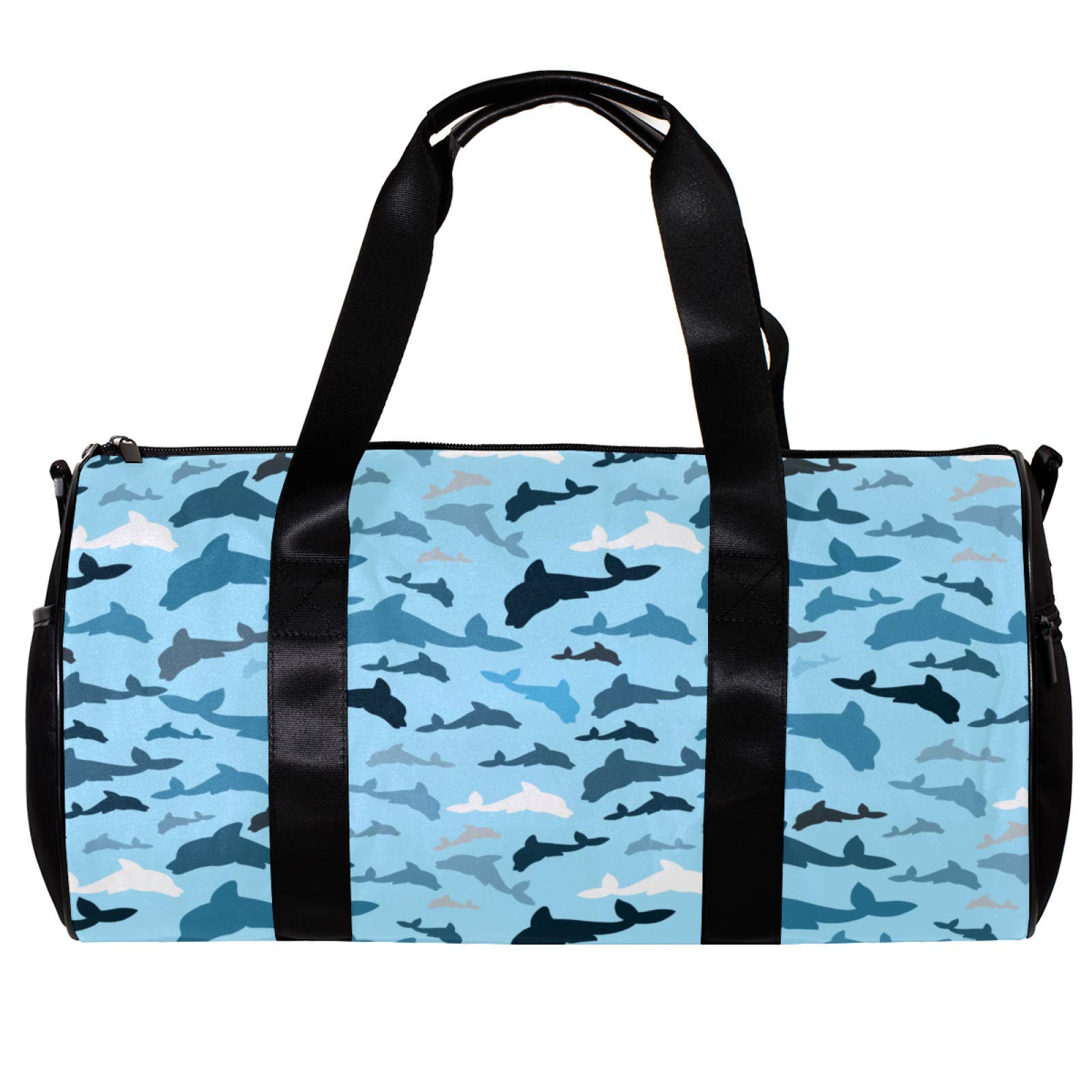 Premium Sports Duffel Bag for Men & Women - Waterproof Gym Bag, Travel Overnight Bag with Multiple Pockets - White, Blue & Navy Dolphin Print - Perfect for Fitness, Workouts & Weekend Getaways