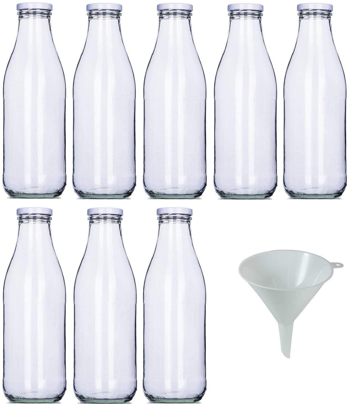 Premium Glass Bottles with White Lids - 8-Pack 1000ml (34oz) for Water, Juice, Milk & Meal Prep | BPA-Free, Leak-Proof, Dishwasher Safe | Ideal for Home, Office & Outdoor Use