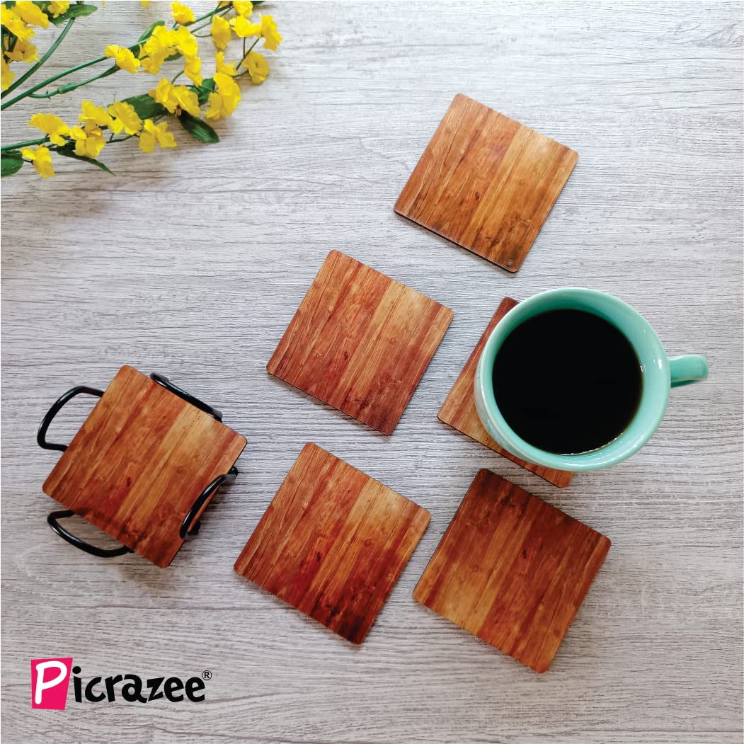 Picrazee 6-Piece Wooden Coaster Set with Wrought Iron Stand - Elegant Drink Coasters for Coffee, Tea, and Wine Glasses - Perfect for Home, Office, and Restaurant Use
