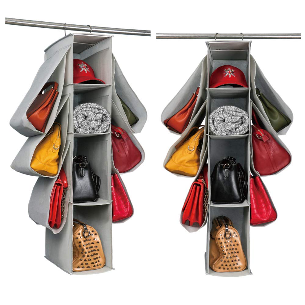 10-Pocket Hanging Purse Organizer for Closet - Nonwoven Handbag Storage Solution with Durable Hooks - Perfect for Bedroom, Closet & Travel Organization (Light Grey)
