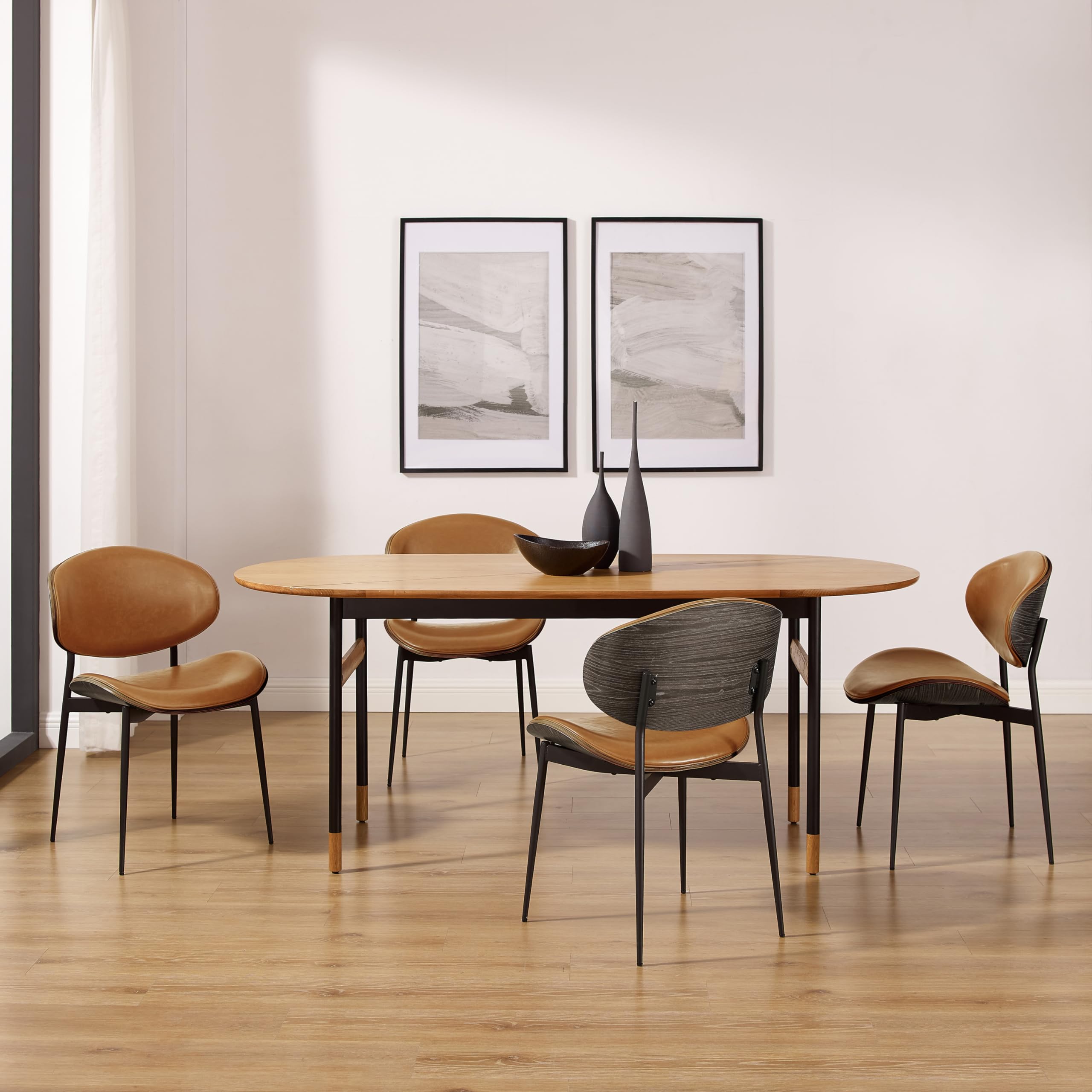 Art Leon Mid Century Modern Dining Chairs Set of 4 - Grey Oak Bentwood with Orange Faux Leather Upholstery & Black Metal Legs - Perfect for Kitchen, Dining Room or Bedroom Accent Chairs