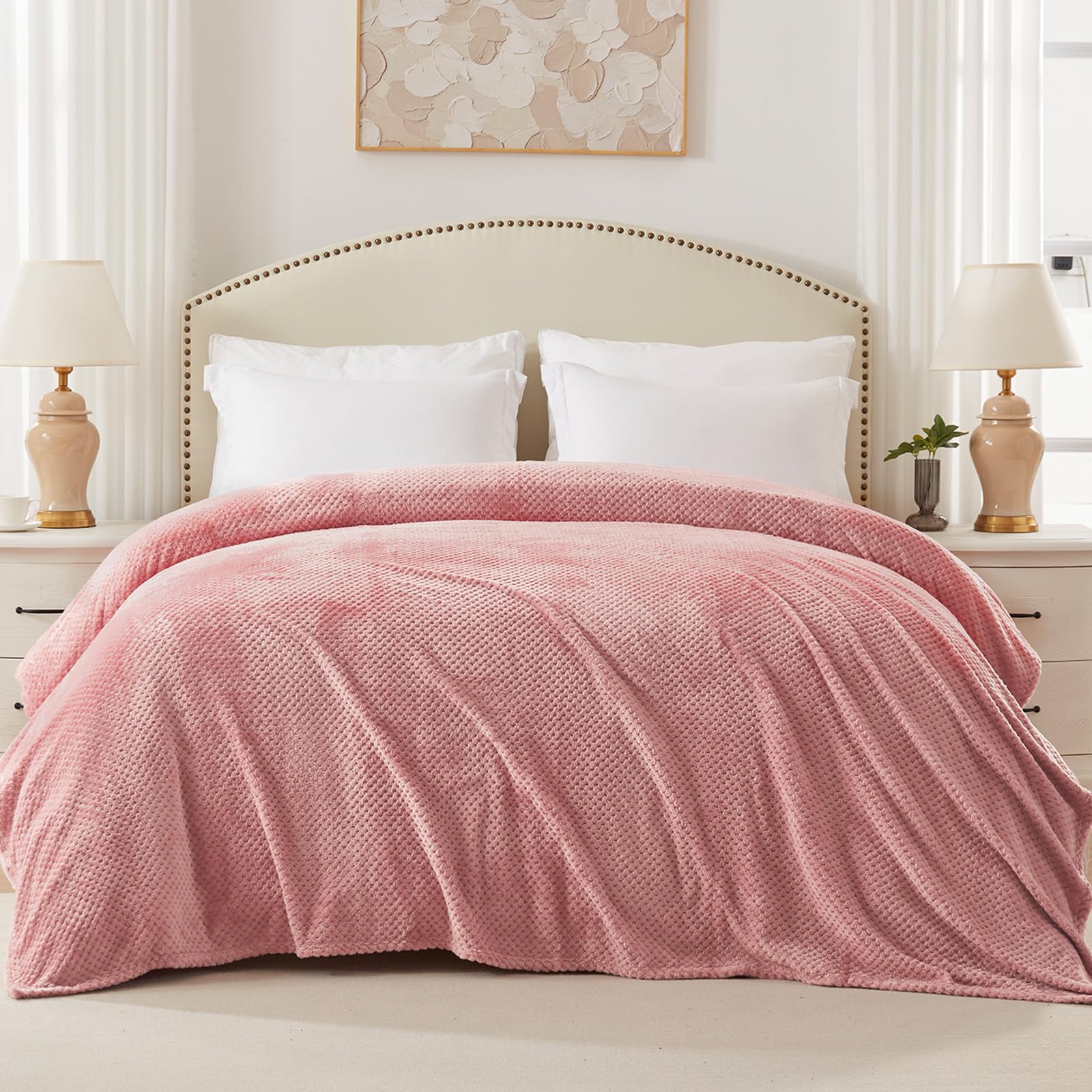 Premium Queen Size Fleece Blend Bed Blanket - Ultra Soft & Warm Waffle Textured Throw for Couch, Sofa & Bed | Cozy, Lightweight & Fuzzy (Dusty Pink, 90x90 Inches) | Perfect for Winter Nights, Movie Time & Home Decor