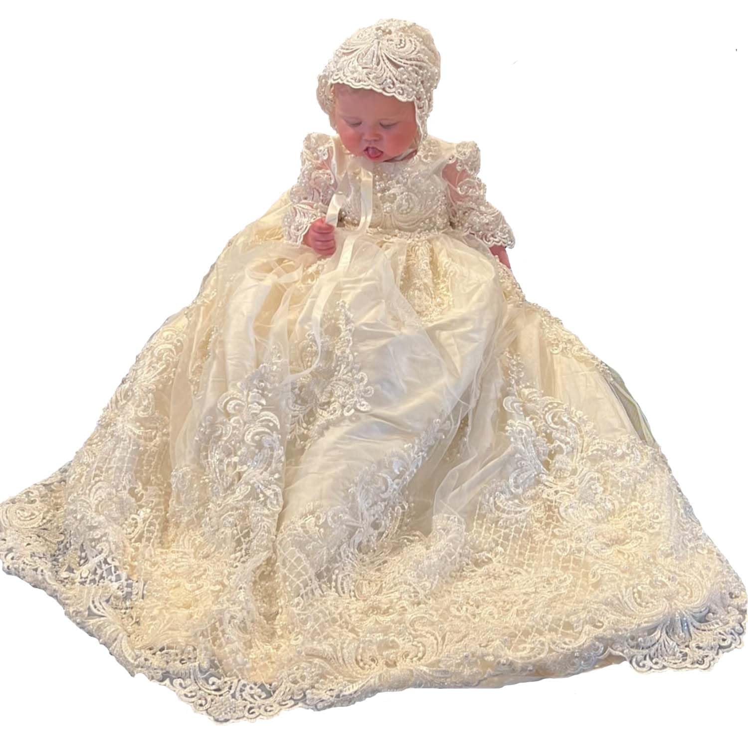 Baby Girl Pearl Baptism Dress - Elegant White Christening Gown with Full Pearl Details for Church Ceremonies & Special Occasions