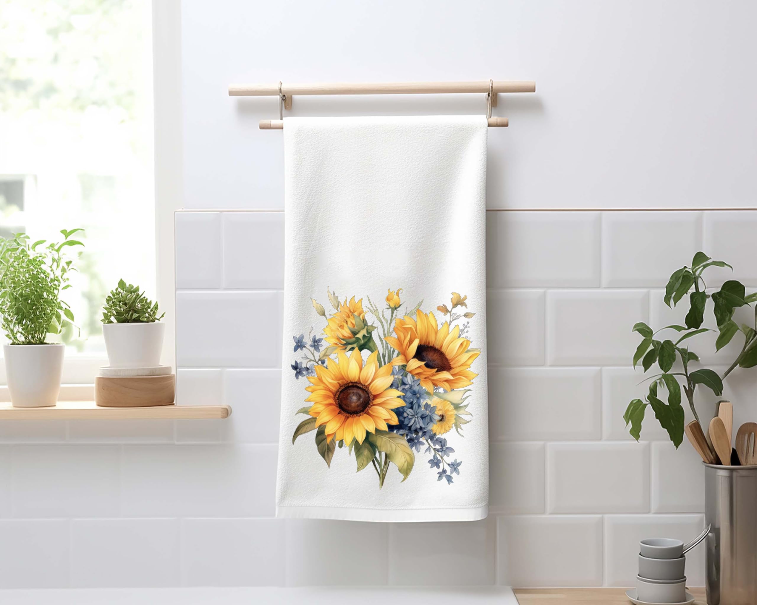 Sunflower Bouquet Tea Towel - Large 18x28 Inch Handmade Cotton Kitchen Dish Towel | Perfect for Drying Dishes, Decorating Farmhouse Kitchens & Gift Giving