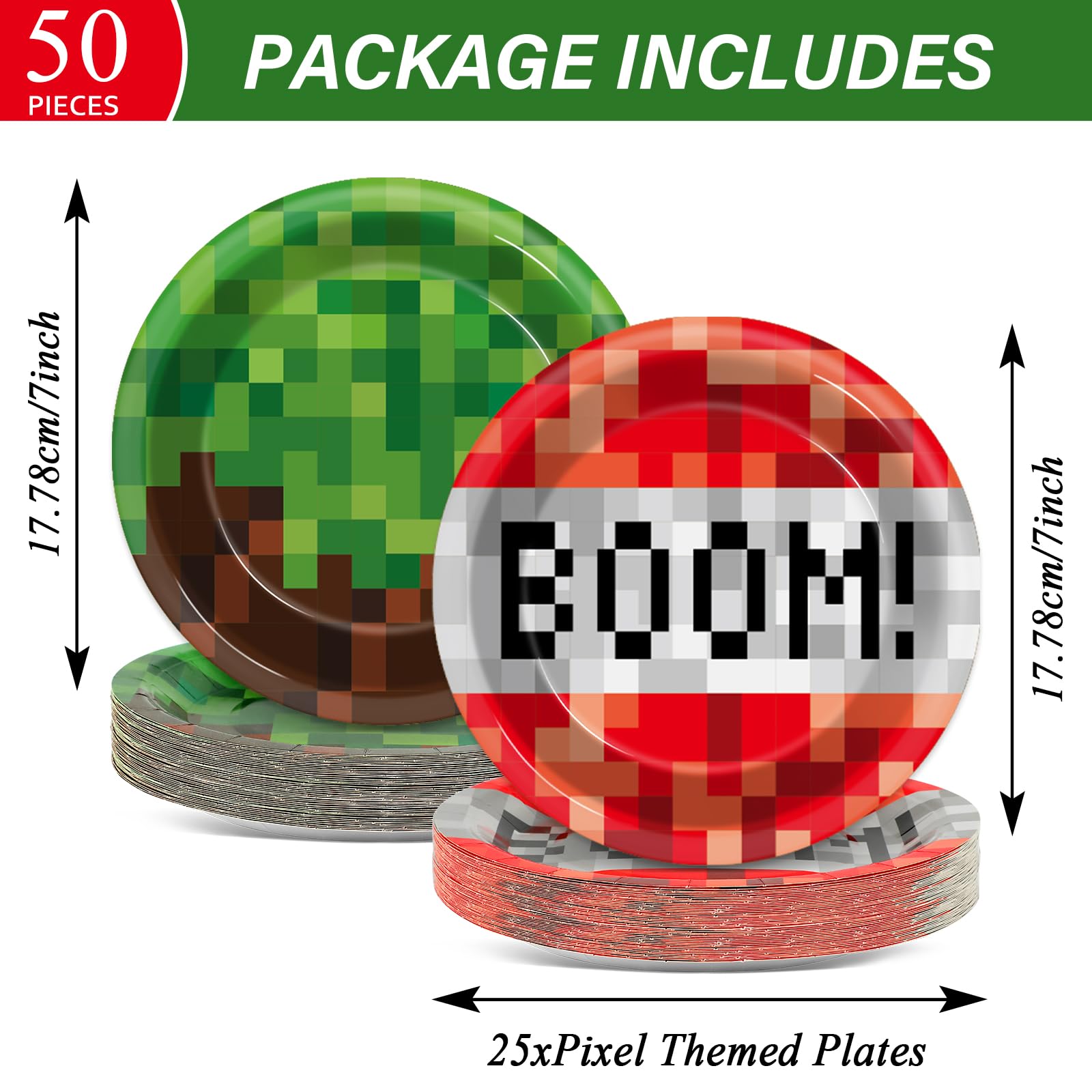 50 PCS 7-Inch Pixel Birthday Party Plates - Disposable Video Game Themed Paper Plates for Boys & Girls - Perfect for Mining Pixel Party Decorations, Dessert Serving & Gaming Birthday Celebrations