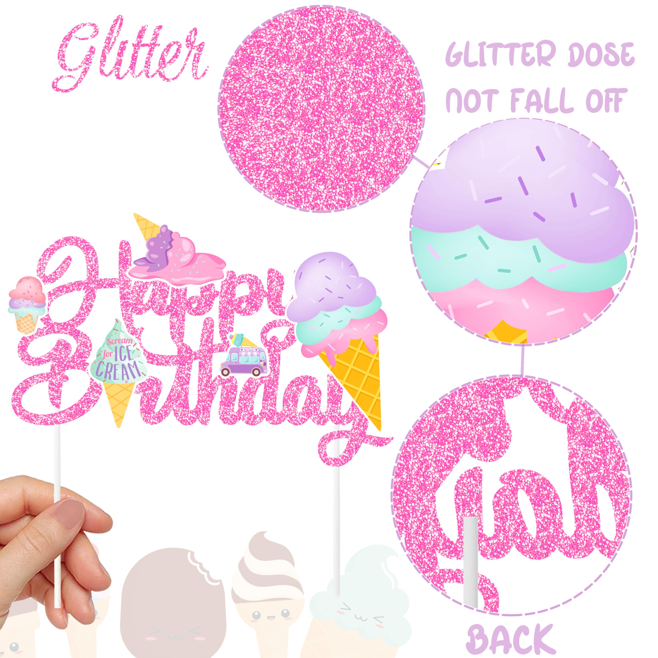 Pink Glitter Ice Cream Cake Topper - Happy Birthday Party Decorations for Kids, Boys & Girls | Ice Cream Themed Birthday Cake Decor & Summer Party Supplies | Perfect for Birthday Cakes, Cupcakes & Ice Cream Themed Parties