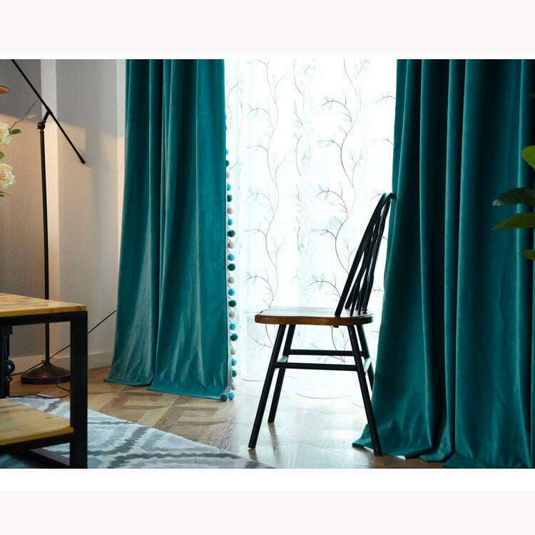 Luxury Plush Velvet Curtains with Pom Pom Lace Trim - Teal Blue Blackout Drapes for Living Room, Bedroom & Nursery - Soft Thermal Insulated Window Treatments for Home Decor