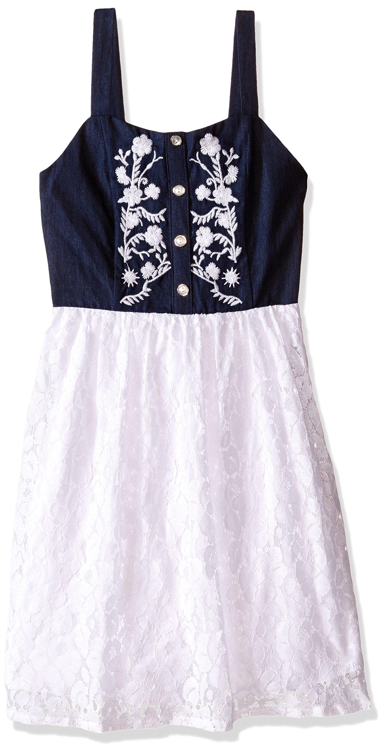 Stylish Girls' Denim Dress with Crochet Lace Trim - Knee Length Sleeveless Back Zipper Design - Perfect for Summer Outfits, Parties & Casual Wear
